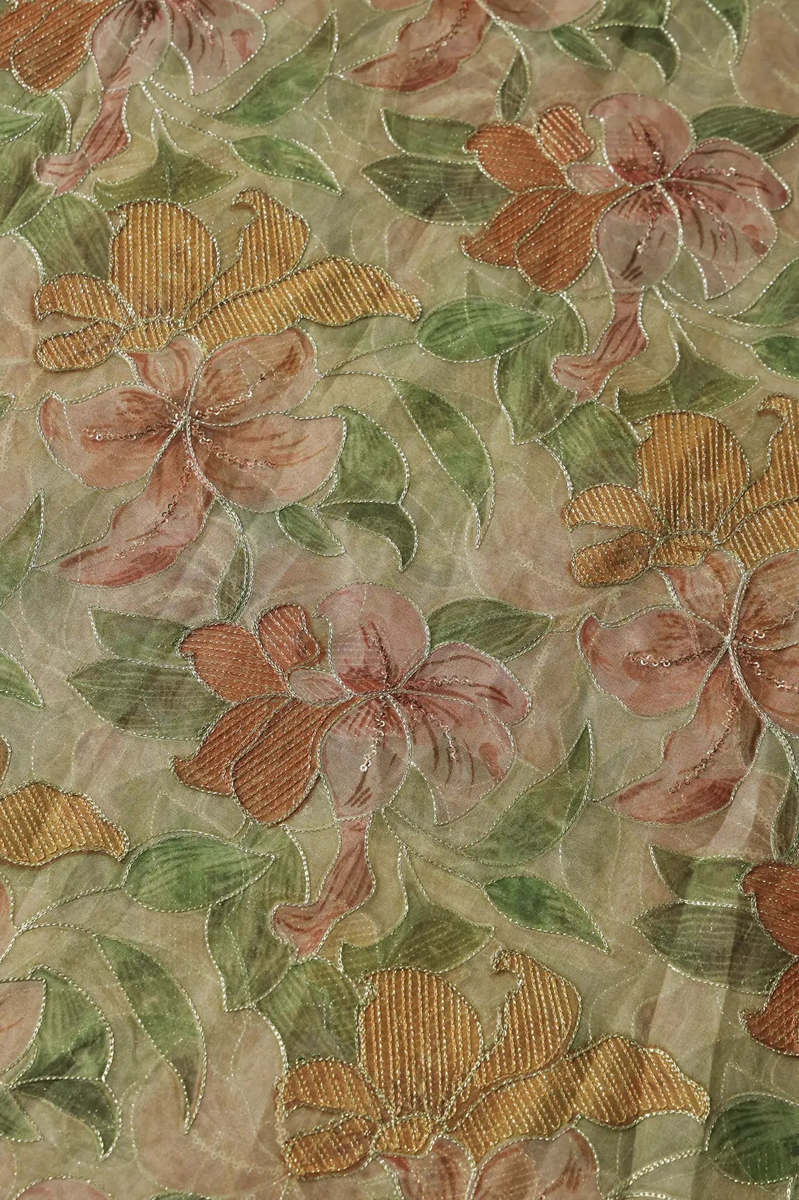 Floral Positional Print On Sequins With Zari Embroidery On Light Olive Organza Fabric - doeraa
