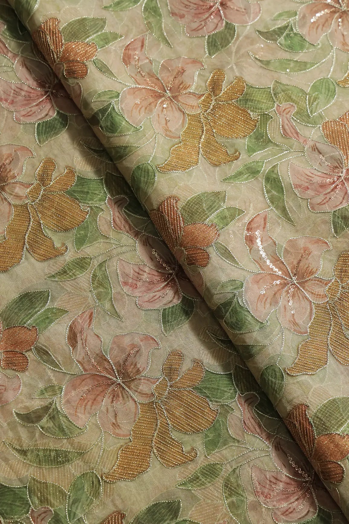 Floral Positional Print On Sequins With Zari Embroidery On Light Olive Organza Fabric - doeraa