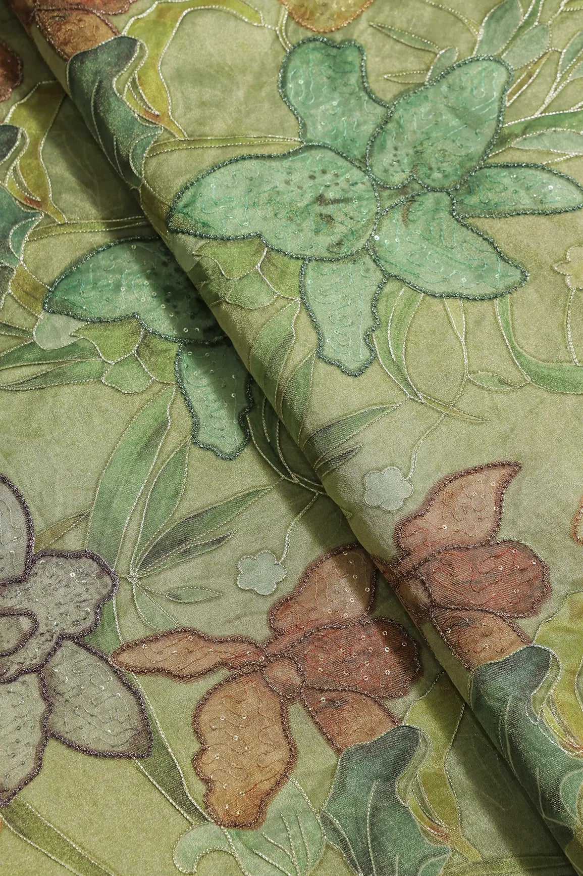 Floral Positional Print On Sequins With Zari Embroidery On Olive Green Zari Tissue Fabric - doeraa