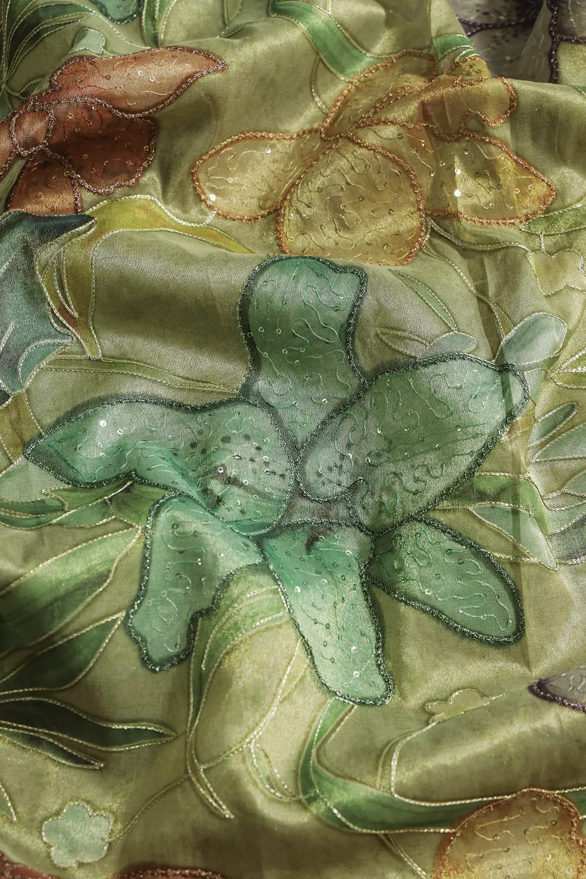 Floral Positional Print On Sequins With Zari Embroidery On Olive Green Zari Tissue Fabric - doeraa