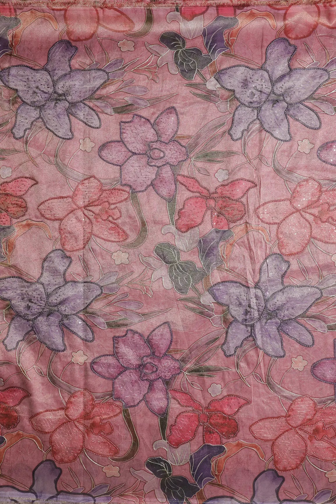 Floral Positional Print On Sequins With Zari Embroidery On Pastel Pink Zari Tissue Fabric - doeraa