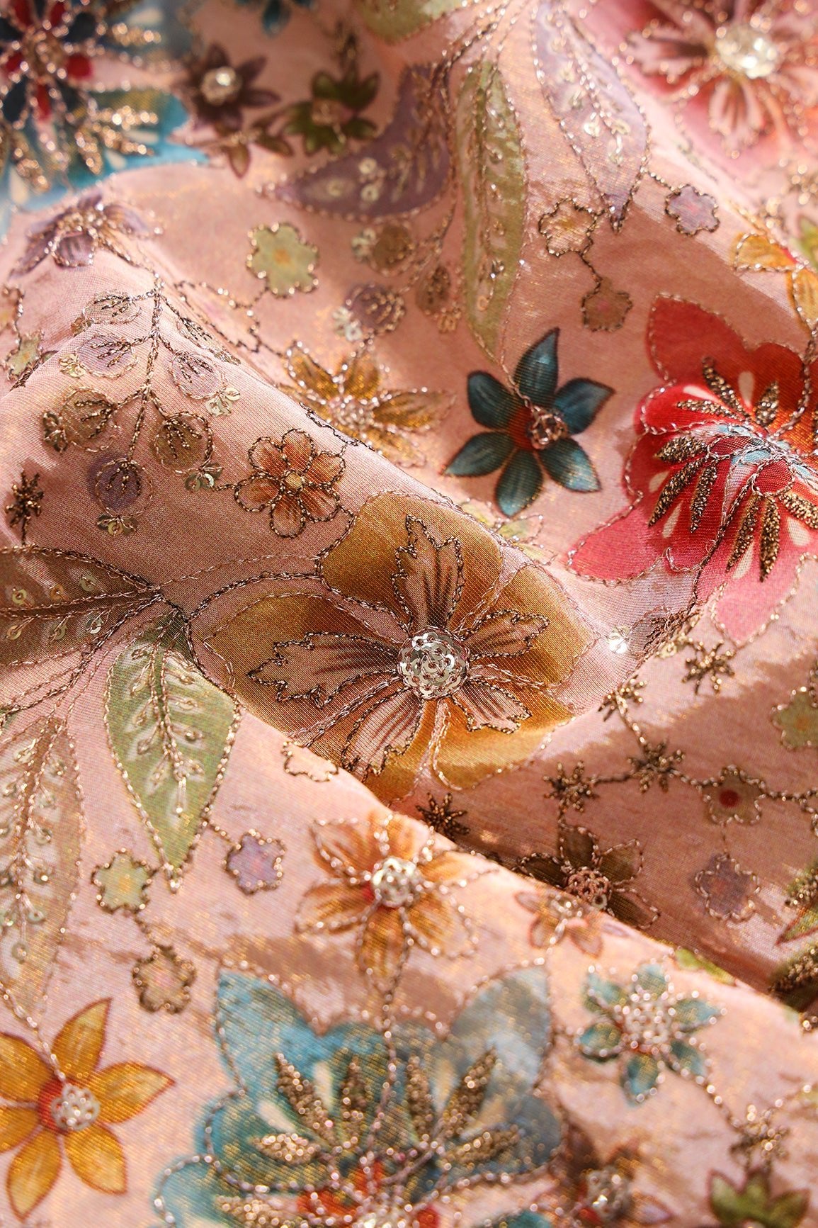 Floral Positional Print On Sequins With Zari Embroidery On Peach Viscose Zari Tissue Fabric - doeraa