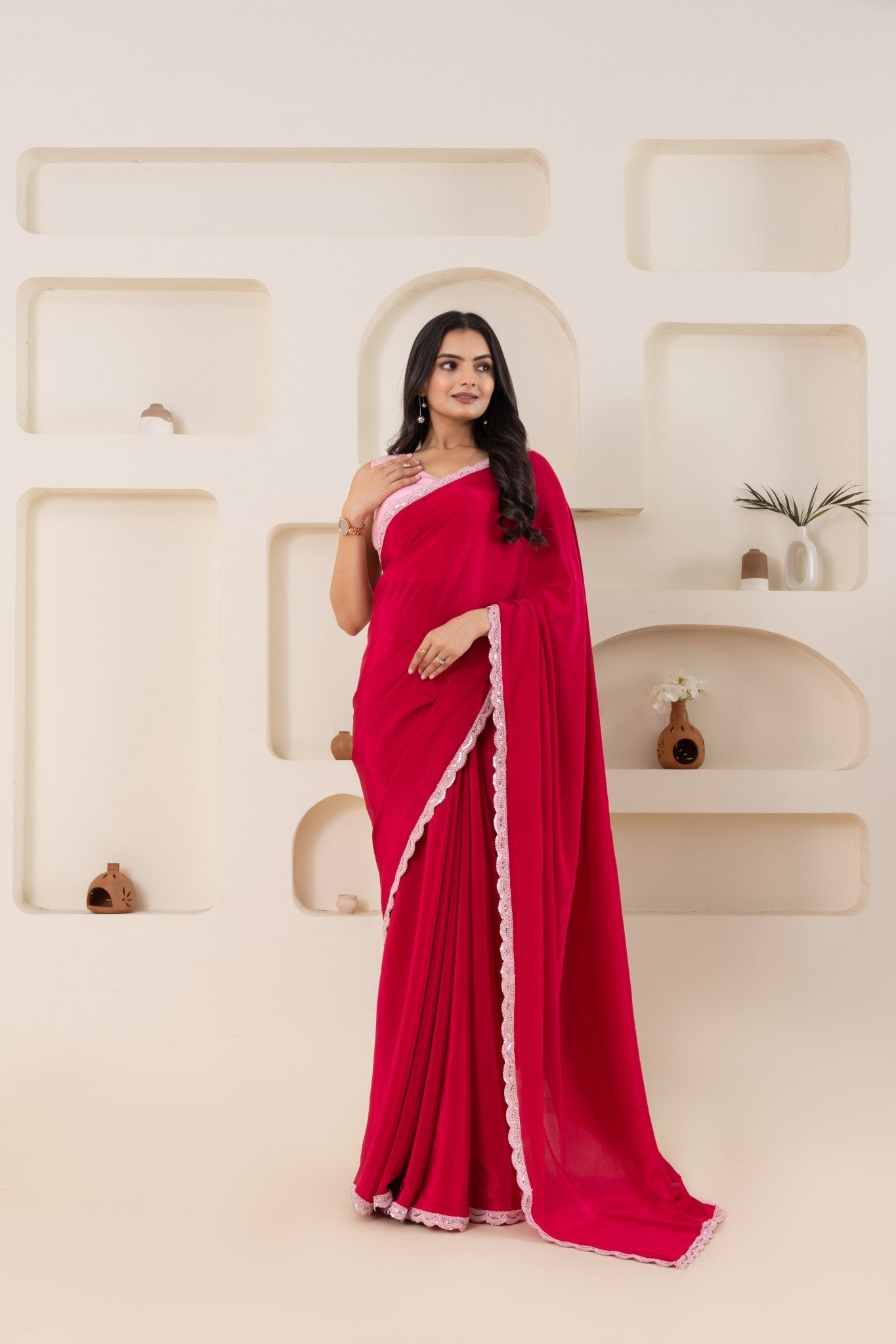 Fuchsia And Baby Pink Pure Viscose Crepe Saree Set With Border (Saree With Blouse Piece) - doeraa