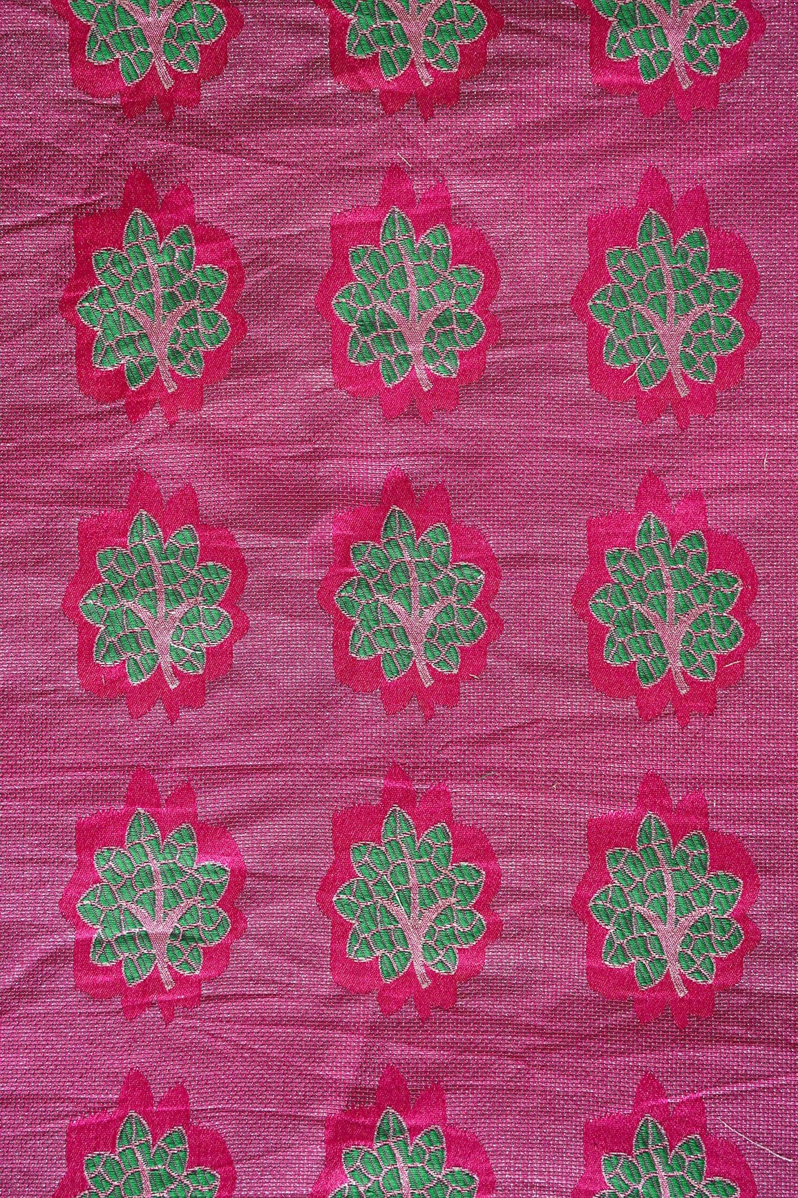 Fuchsia And Green Leafy Jute Banarasi Zari Jacquard Fabric - doeraa