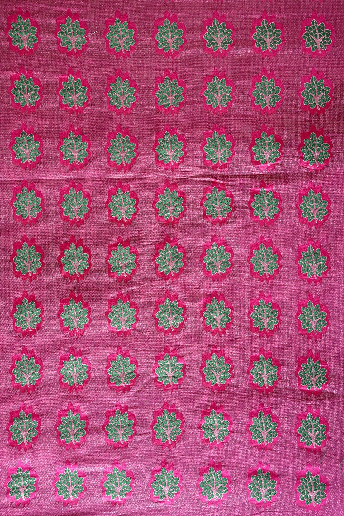 Fuchsia And Green Leafy Jute Banarasi Zari Jacquard Fabric - doeraa