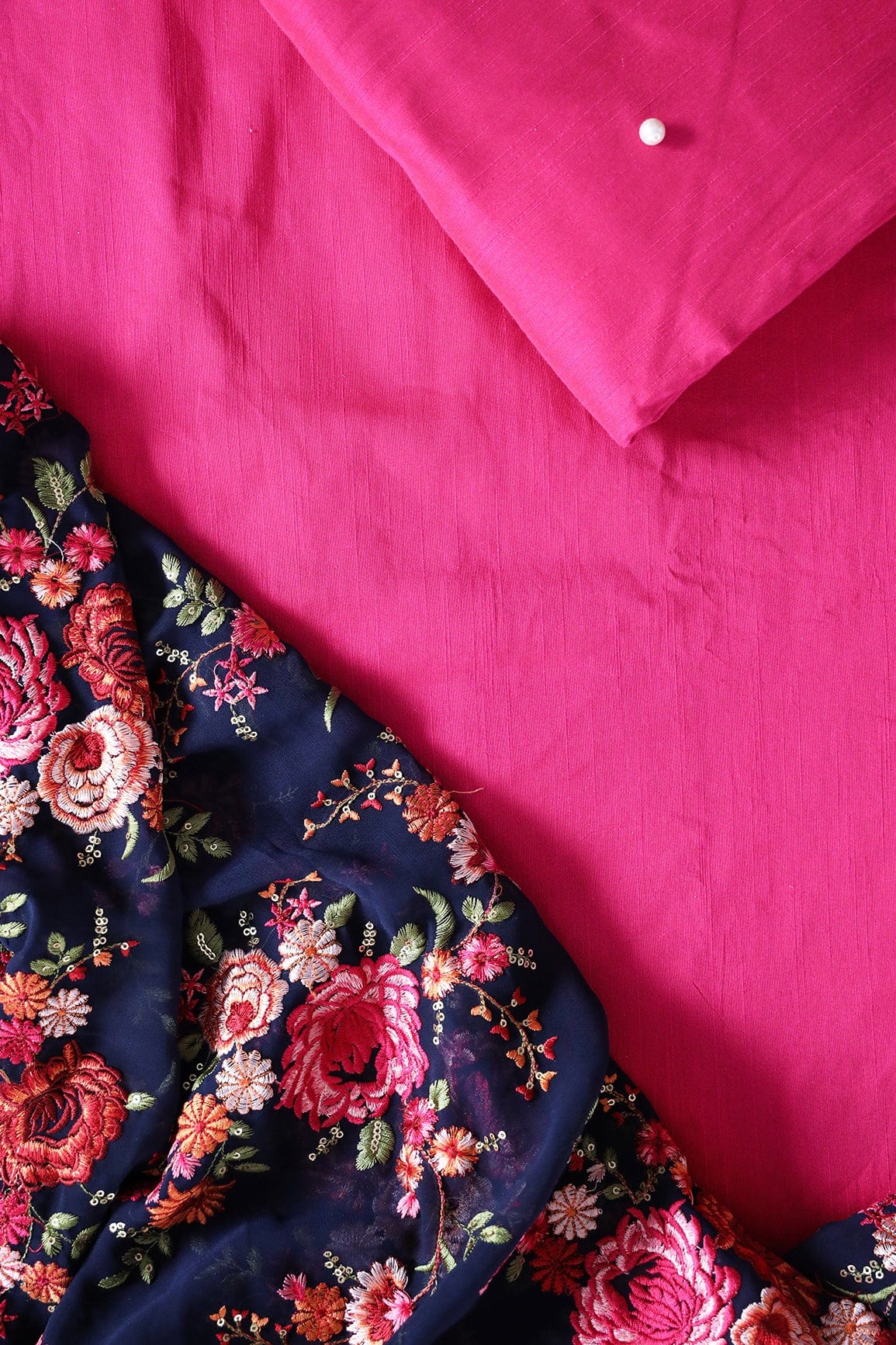 Fuchsia And Navy Blue Unstitched Suit (3 Piece) - doeraa