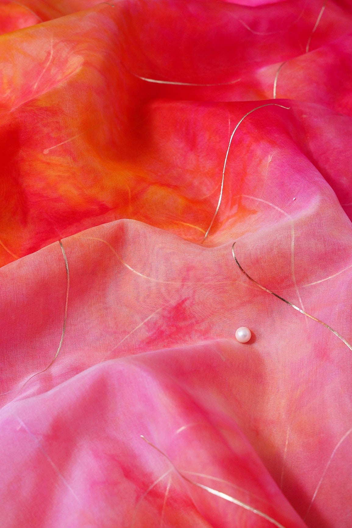 Fuchsia And Orange Tie & Dye Shibori Foil Print On Organza Fabric - doeraa