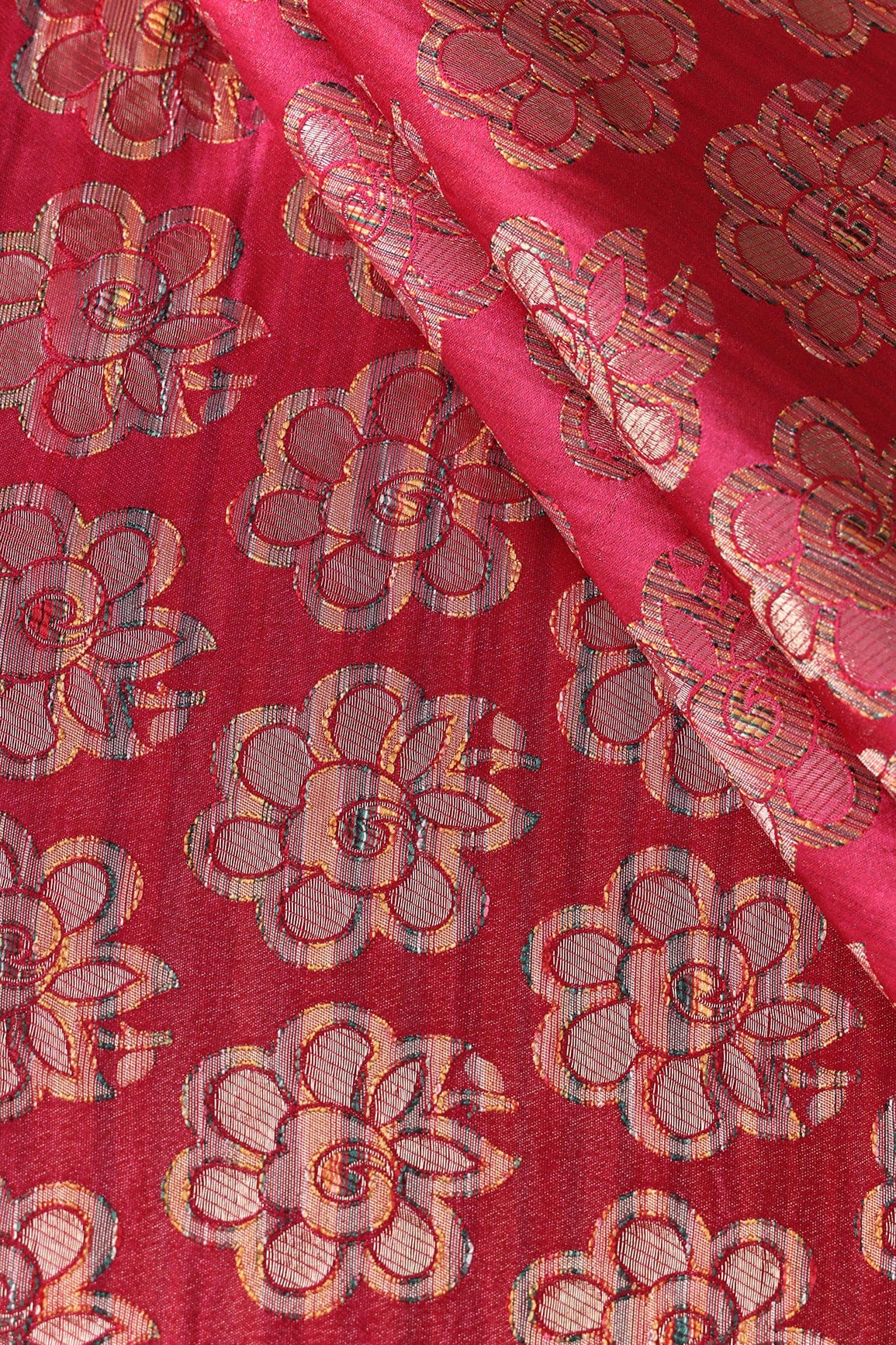 Fuchsia Floral Butta Silk Satin Jute Banarasi Jacquard Fabric - doeraa