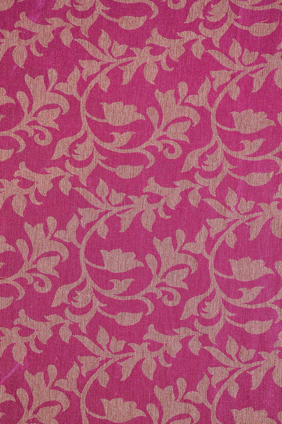 Fuchsia Leafy Silk Satin Jute Banarasi Jacquard Fabric - doeraa