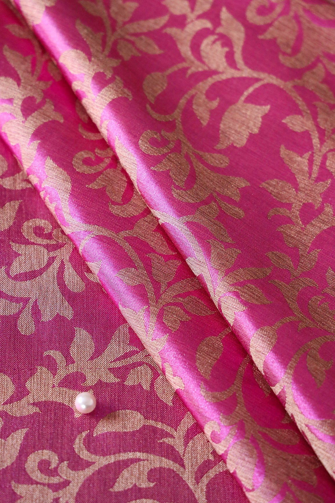 Fuchsia Leafy Silk Satin Jute Banarasi Jacquard Fabric - doeraa