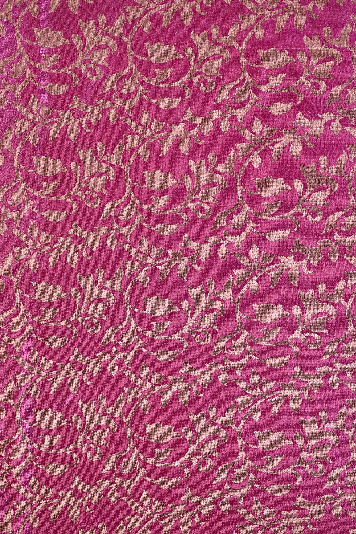 Fuchsia Leafy Silk Satin Jute Banarasi Jacquard Fabric - doeraa