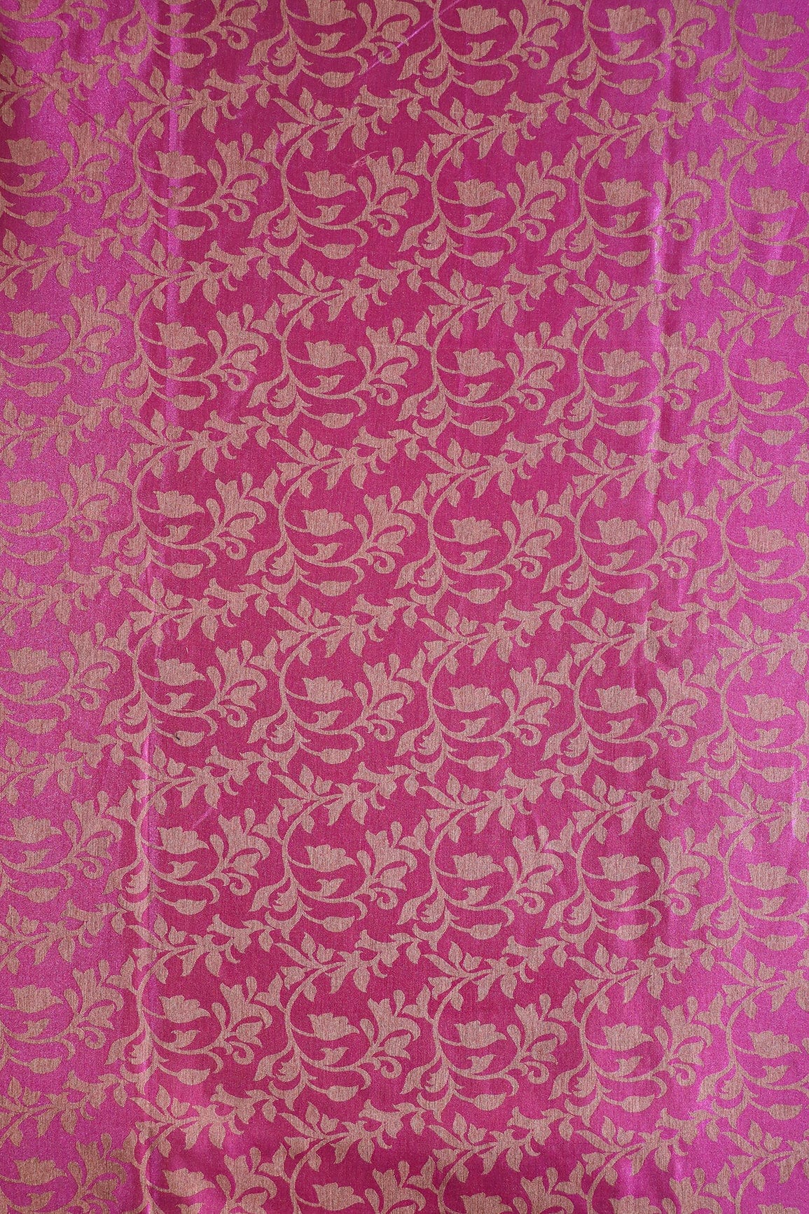 Fuchsia Leafy Silk Satin Jute Banarasi Jacquard Fabric - doeraa