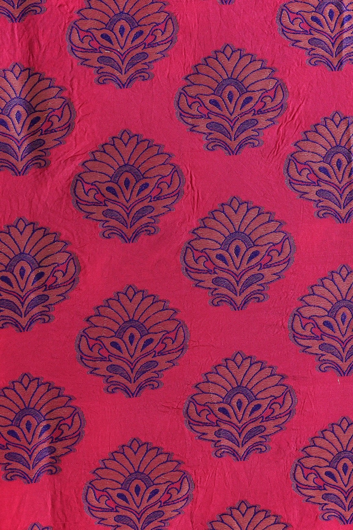 Fuchsia Mughal Floral Silk Gold Zari Banarasi Jacquard Fabric - doeraa