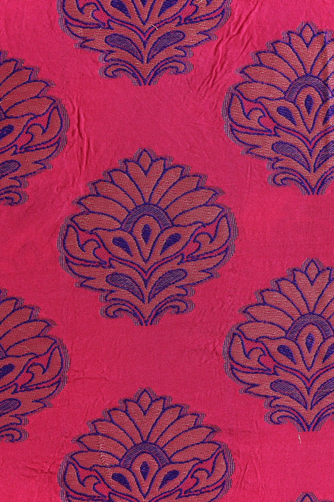 Fuchsia Mughal Floral Silk Gold Zari Banarasi Jacquard Fabric - doeraa