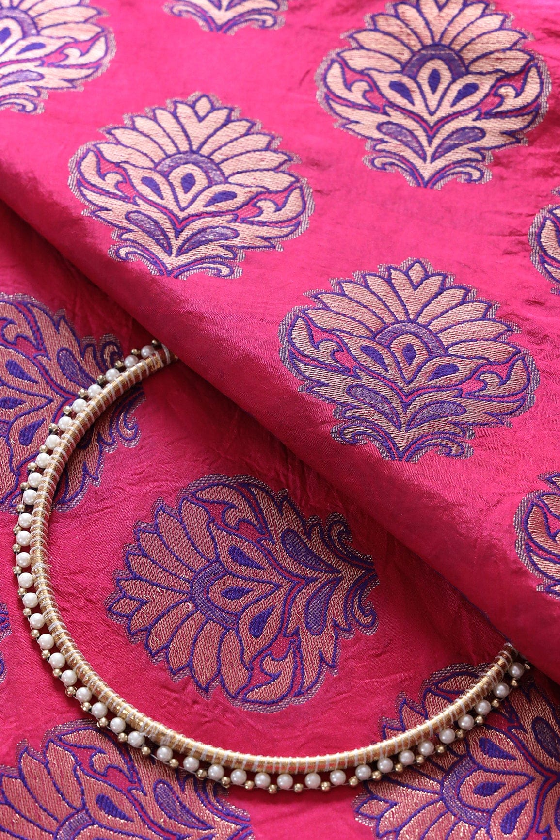 Fuchsia Mughal Floral Silk Gold Zari Banarasi Jacquard Fabric - doeraa