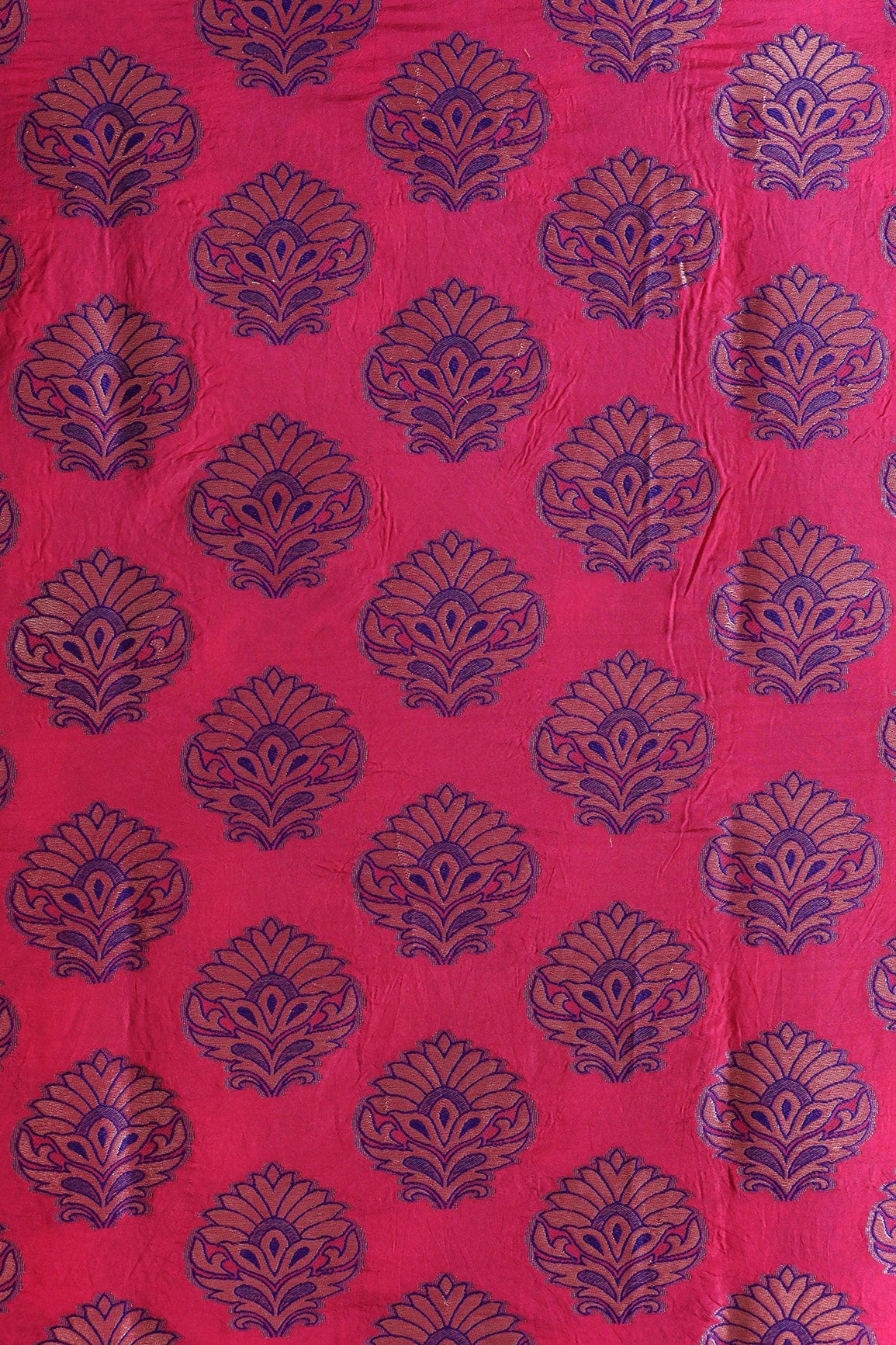 Fuchsia Mughal Floral Silk Gold Zari Banarasi Jacquard Fabric - doeraa