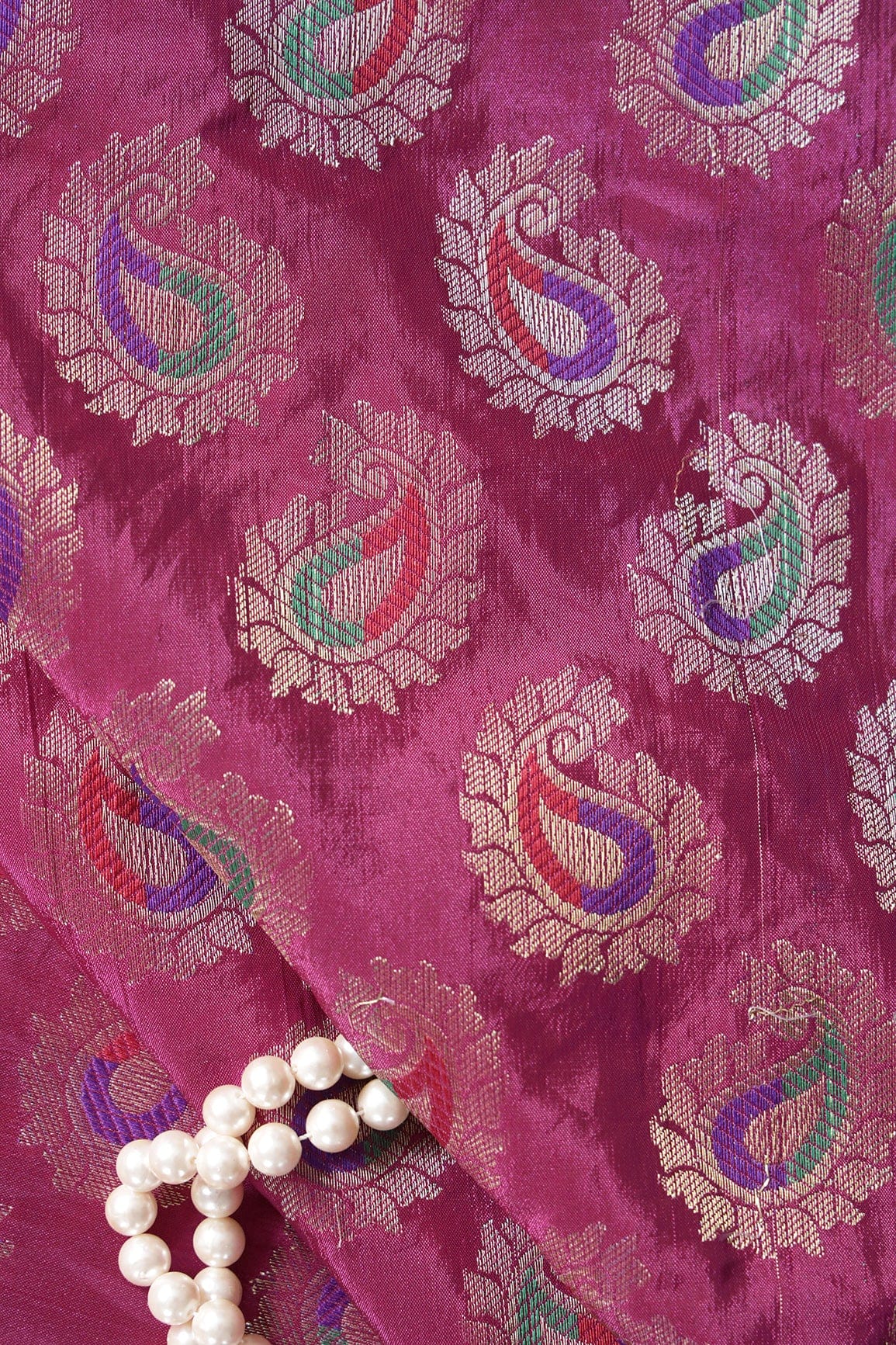 Fuchsia Paisley Silk Gold Zari Banarasi Jacquard Fabric - doeraa