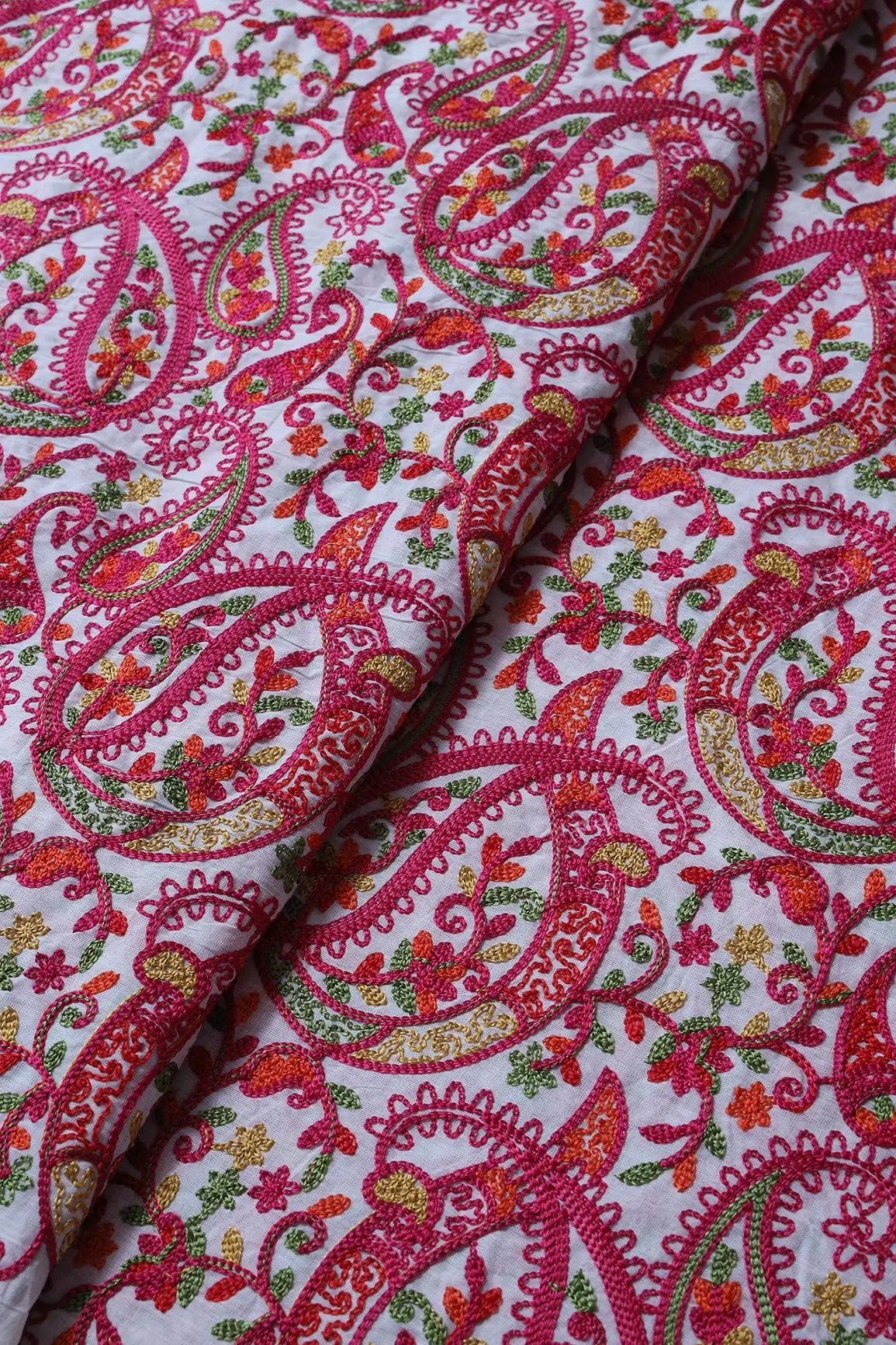 Fuchsia Thread Beautiful Heavy Paisley Kashmiri Embroidery Work On Off White Pure Cotton Fabric - doeraa