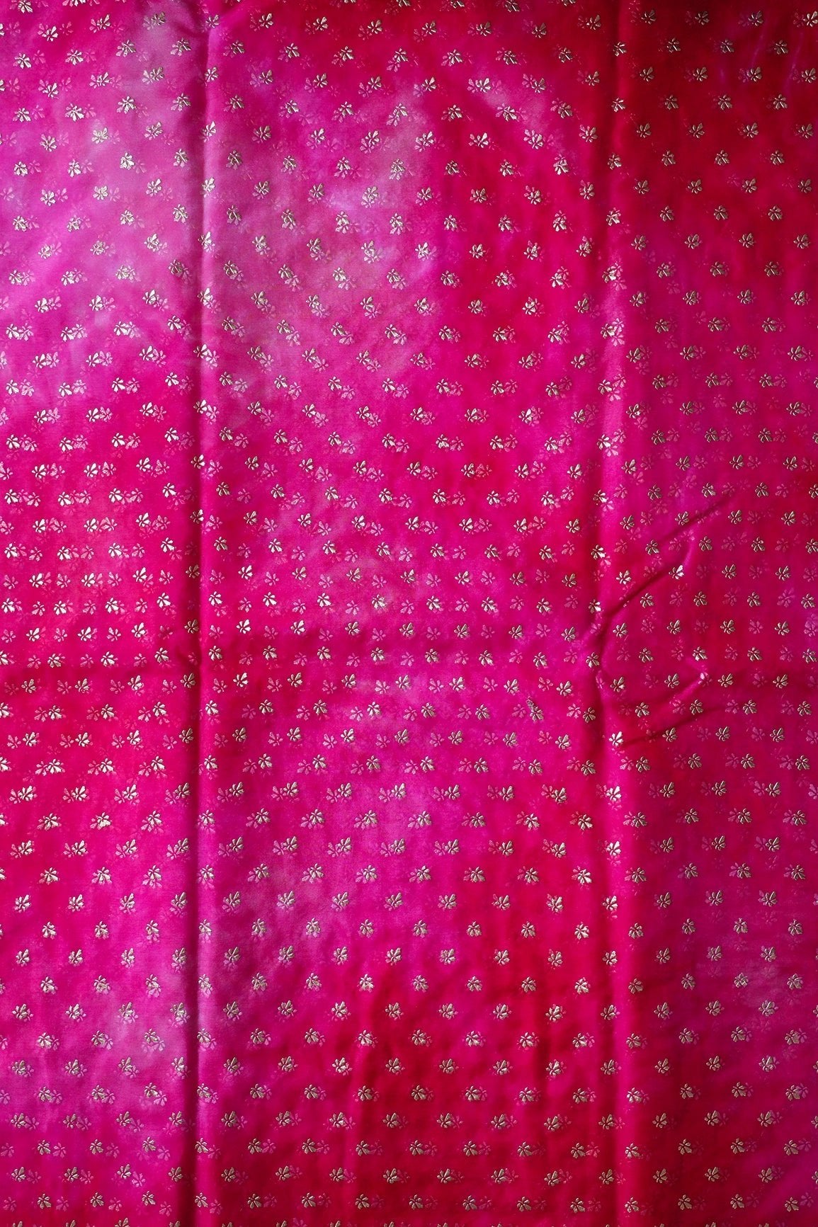 Fuchsia Tie & Dye Shibori Small Floral Motif Foil Print On Organza Fabric - doeraa