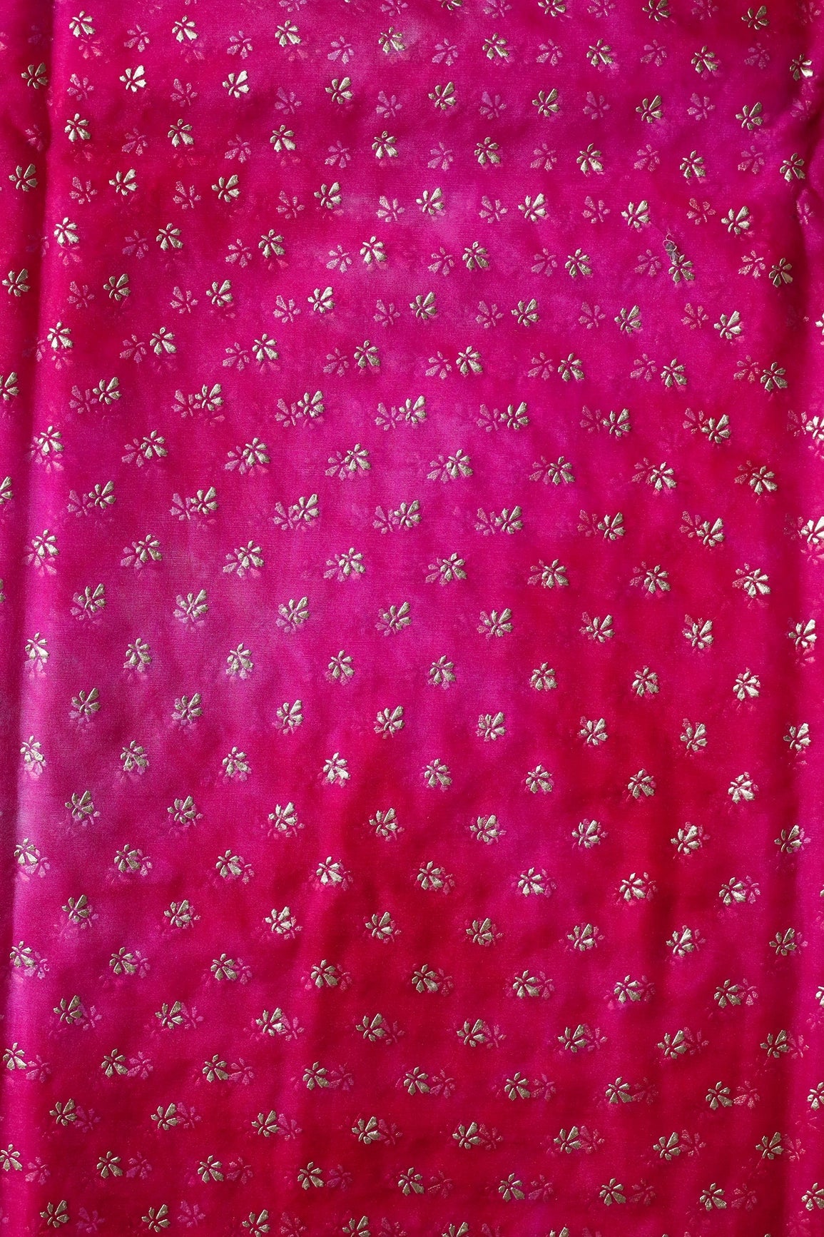 Fuchsia Tie & Dye Shibori Small Floral Motif Foil Print On Organza Fabric - doeraa