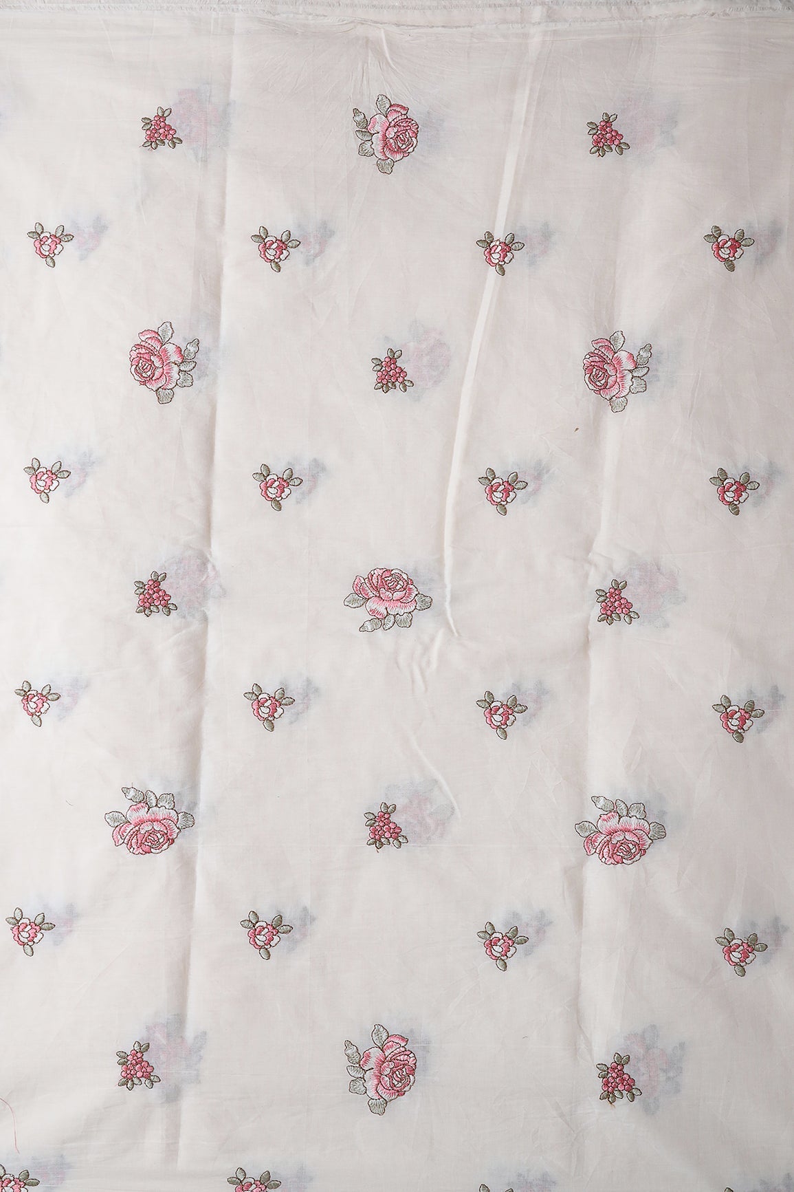 Gajri Pink And Olive Thread Floral Embroidery On Off White Organic Cotton Fabric - doeraa