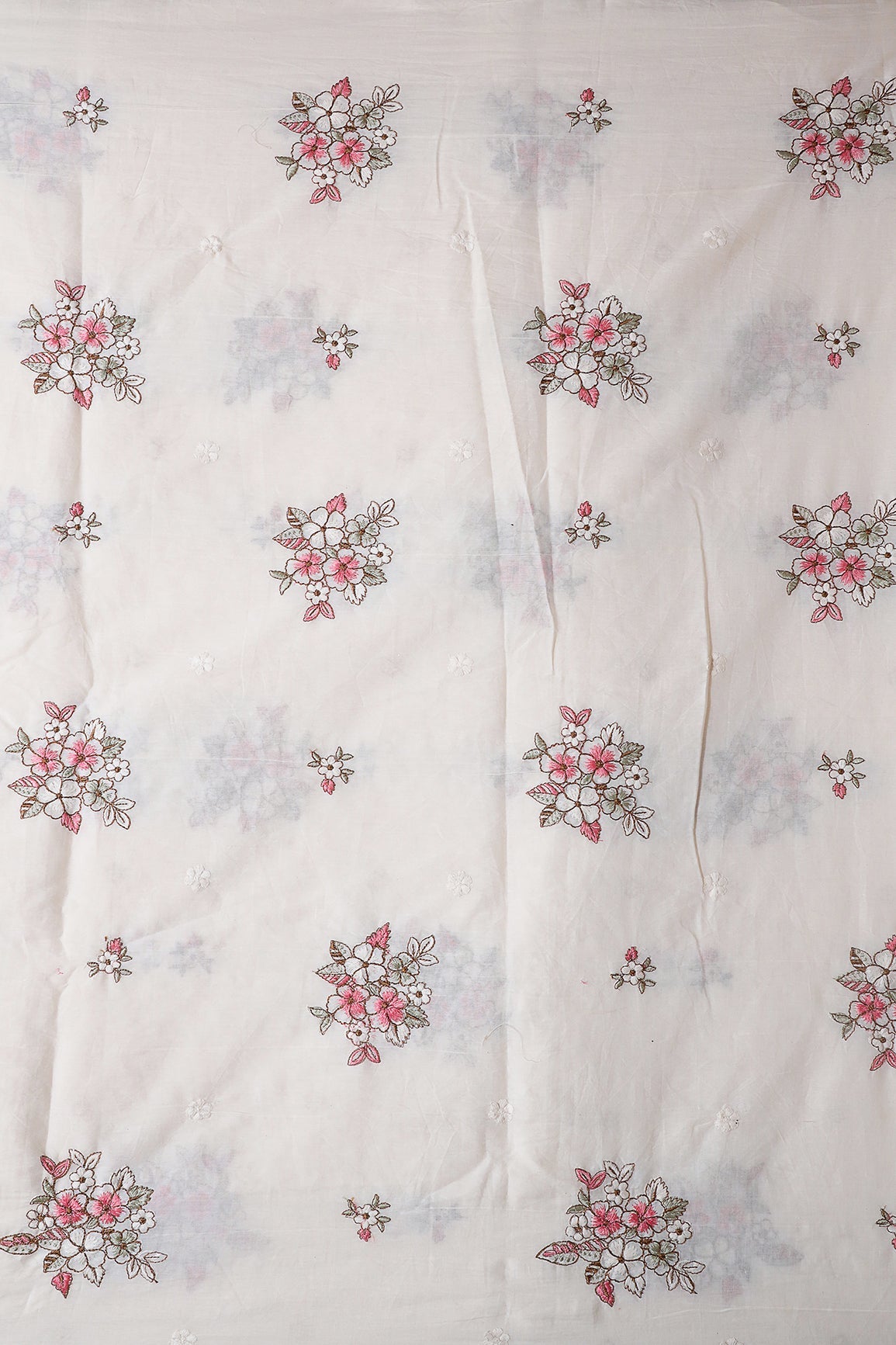 Gajri Pink And Olive Thread Floral Embroidery On Off White Organic Cotton Fabric - doeraa