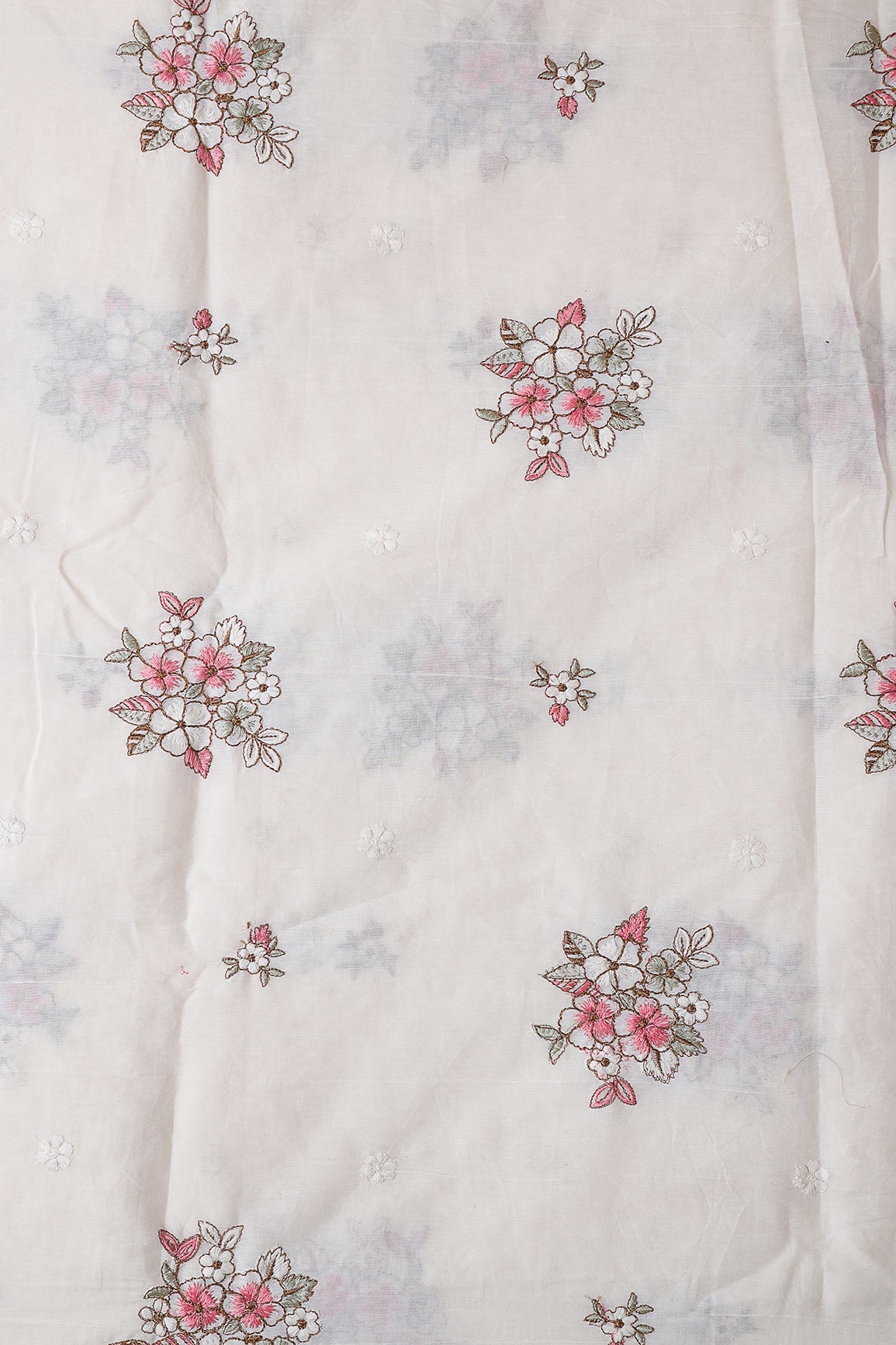 Gajri Pink And Olive Thread Floral Embroidery On Off White Organic Cotton Fabric - doeraa