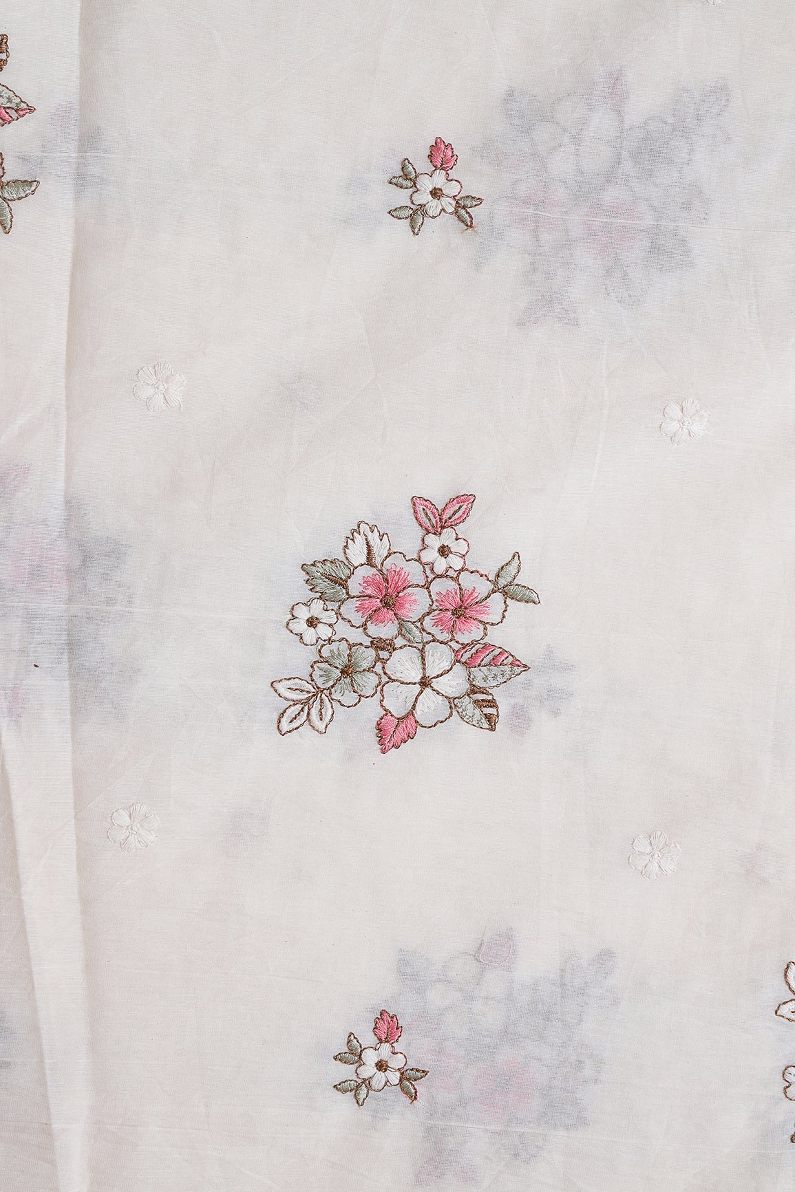 Gajri Pink And Olive Thread Floral Embroidery On Off White Organic Cotton Fabric - doeraa