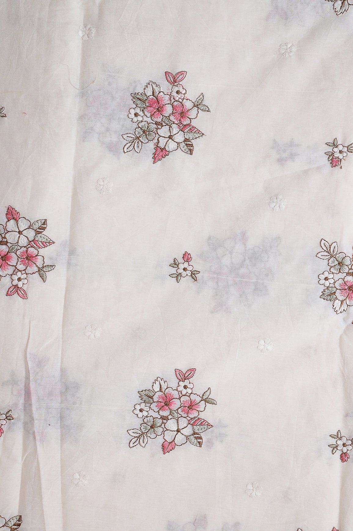 Gajri Pink And Olive Thread Floral Embroidery On Off White Organic Cotton Fabric - doeraa