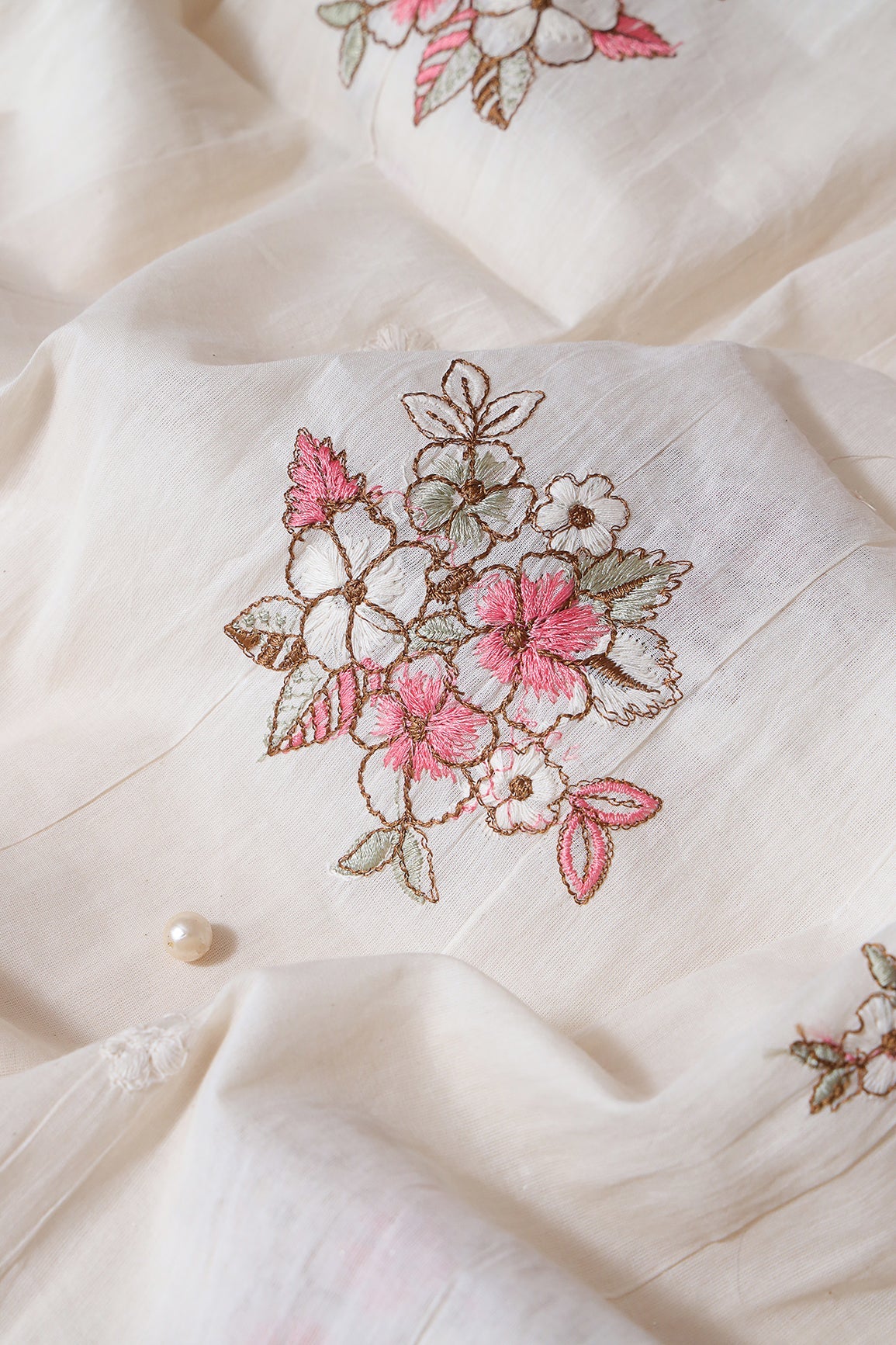 Gajri Pink And Olive Thread Floral Embroidery On Off White Organic Cotton Fabric - doeraa
