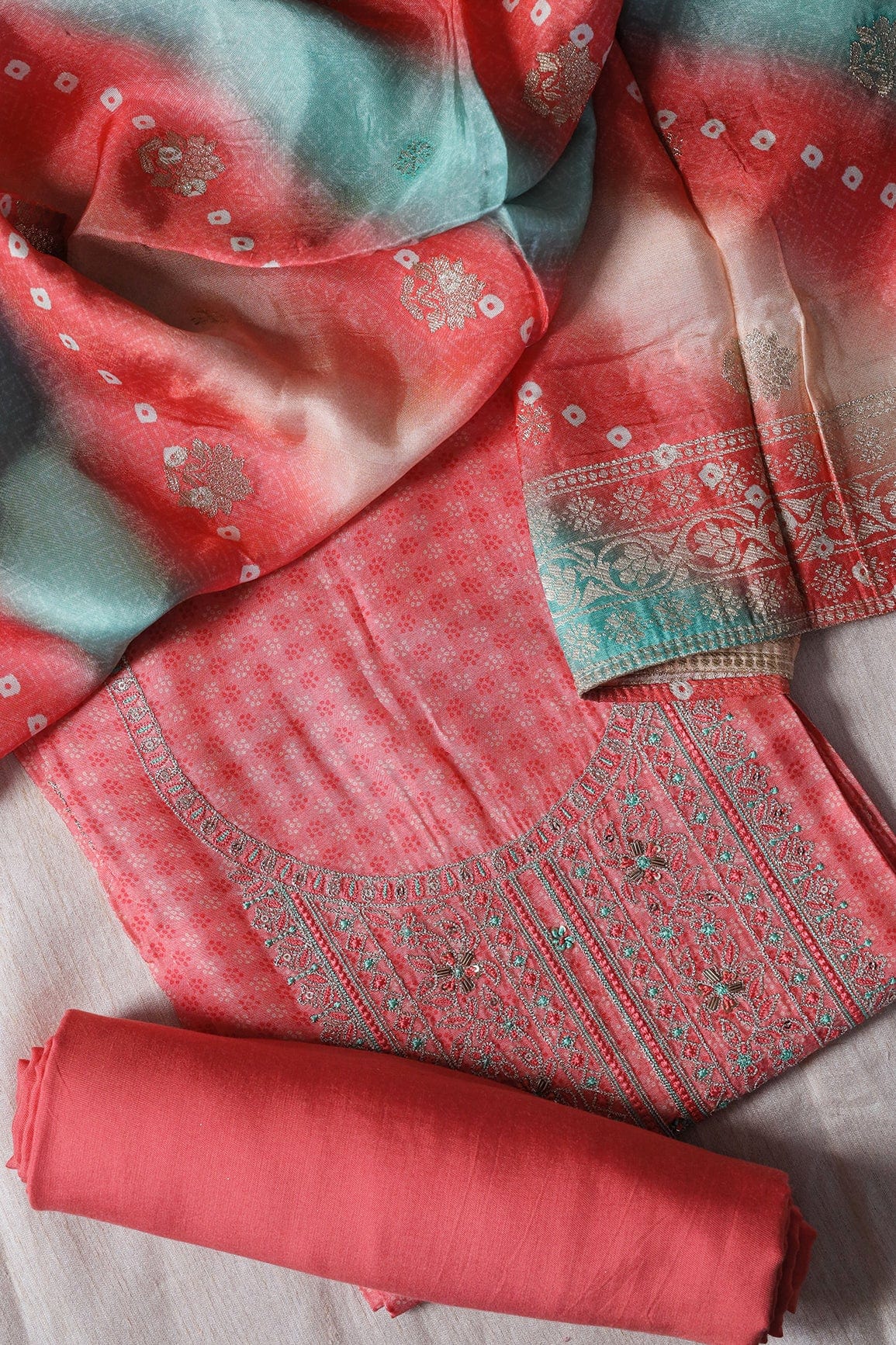 Gajri Pink Semi Stitched Pure Dola Silk Suit Set (3 piece) - doeraa
