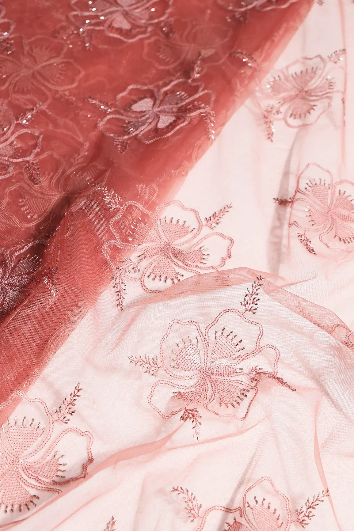 Gajri Pink Thread & Gold Beads With Water Sequins Floral Embroidery On Gajri Pink Soft Net Fabric - doeraa