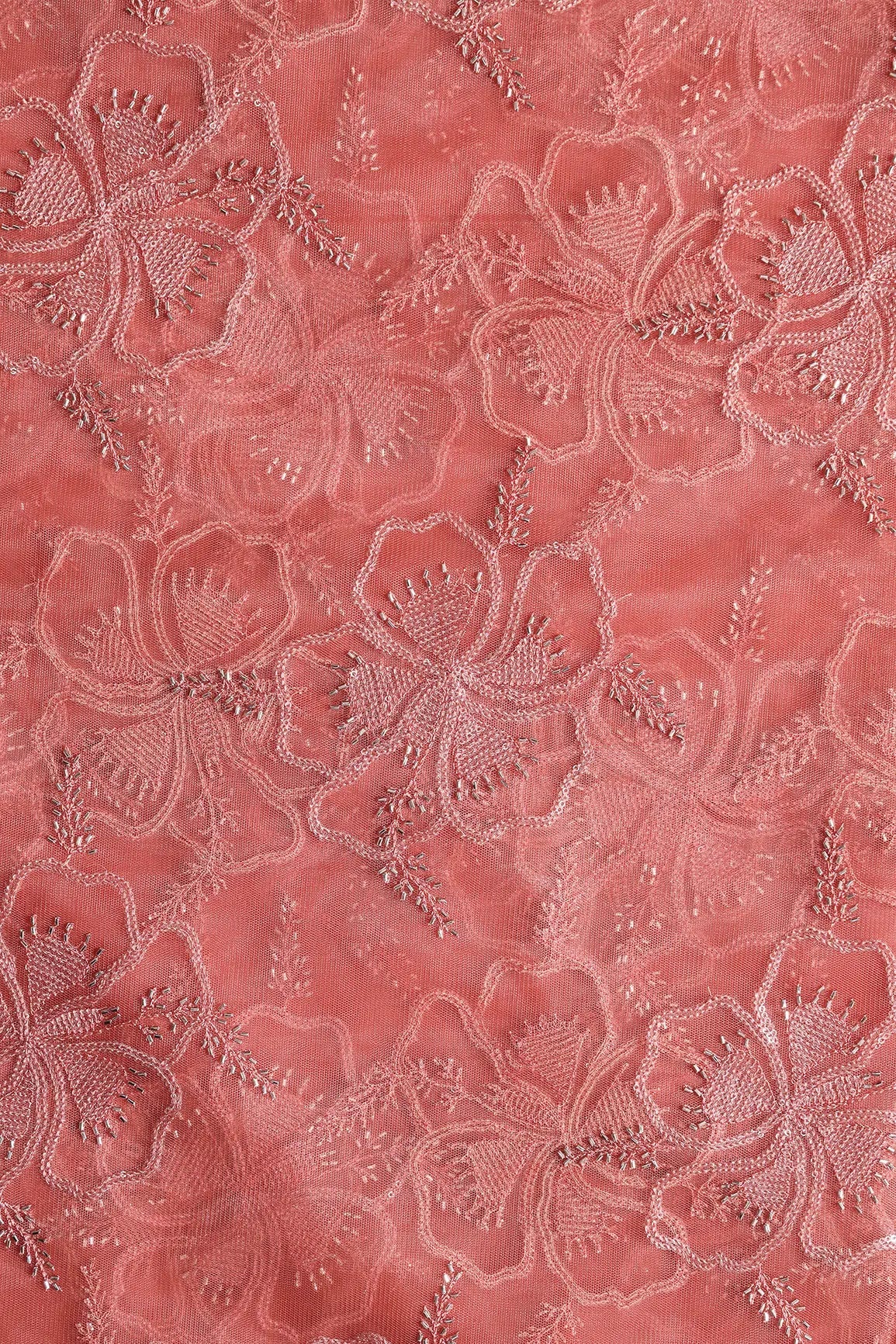 Gajri Pink Thread & Gold Beads With Water Sequins Floral Embroidery On Gajri Pink Soft Net Fabric - doeraa