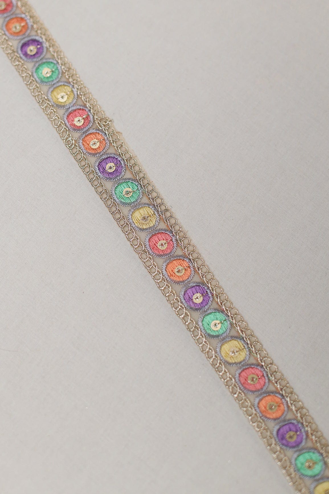 Geometric Multi Color Thread Work With Gold Sequins Embroidered Lace (9 Meters) - doeraa