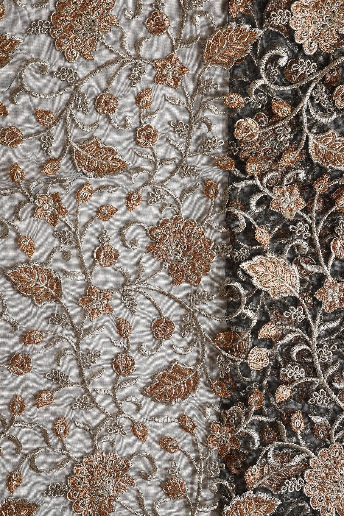 Gold And Copper Heavy Zari Floral Embroidery On Black Soft Net Fabric - doeraa