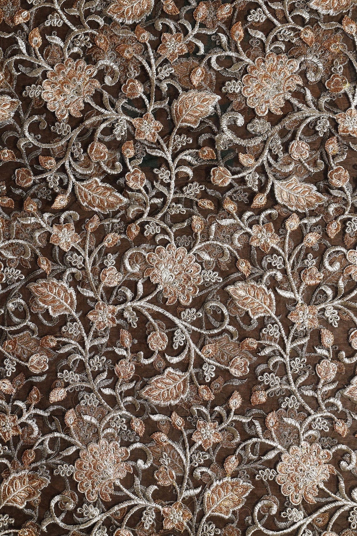 Gold And Copper Heavy Zari Floral Embroidery On Black Soft Net Fabric - doeraa