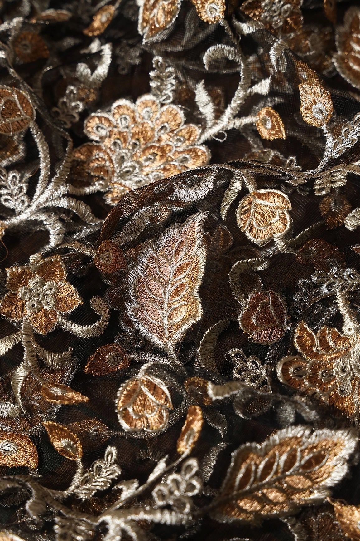 Gold And Copper Heavy Zari Floral Embroidery On Black Soft Net Fabric - doeraa