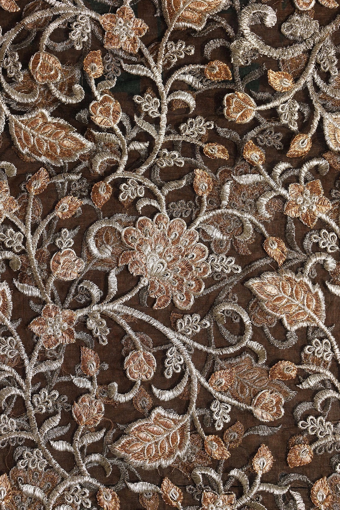 Gold And Copper Heavy Zari Floral Embroidery On Black Soft Net Fabric - doeraa