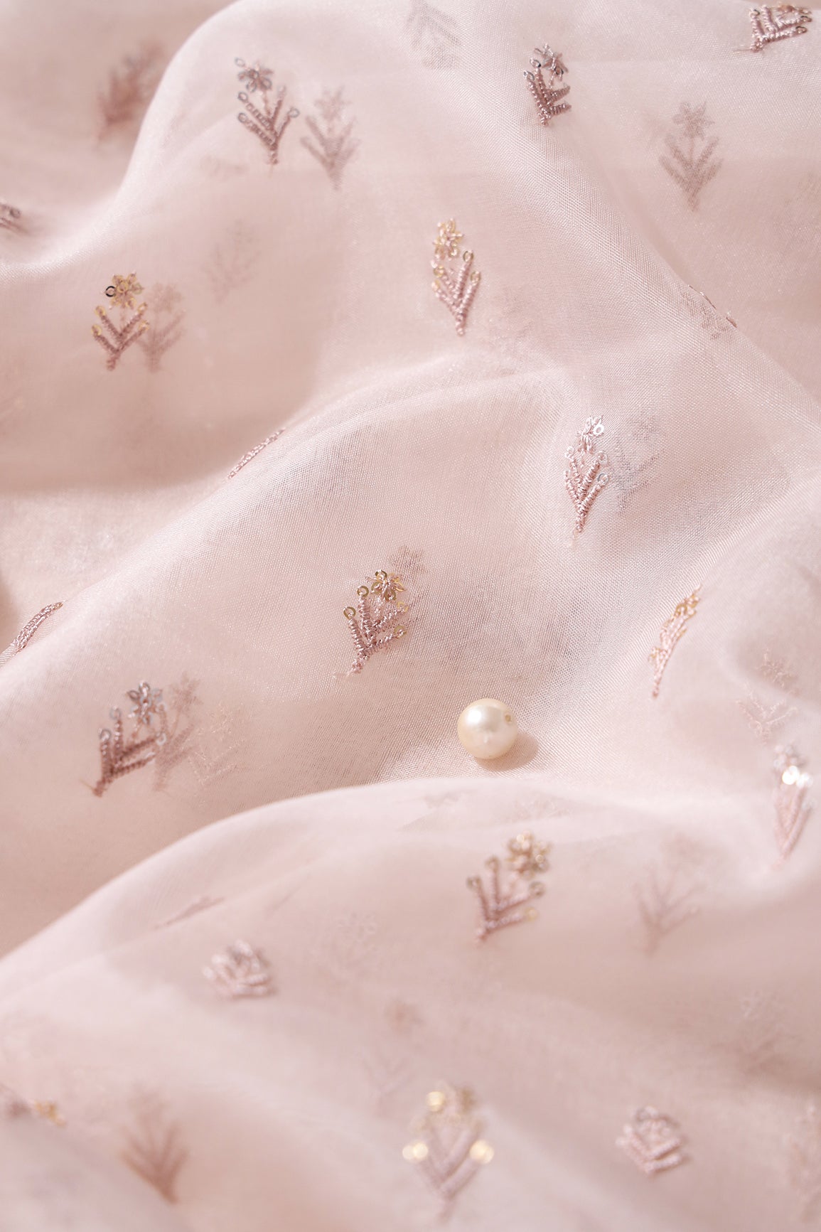 Gold And Silver Sequins Beautiful Small Floral Motif Embroidery Work On Pastel Peach Organza Fabric - doeraa