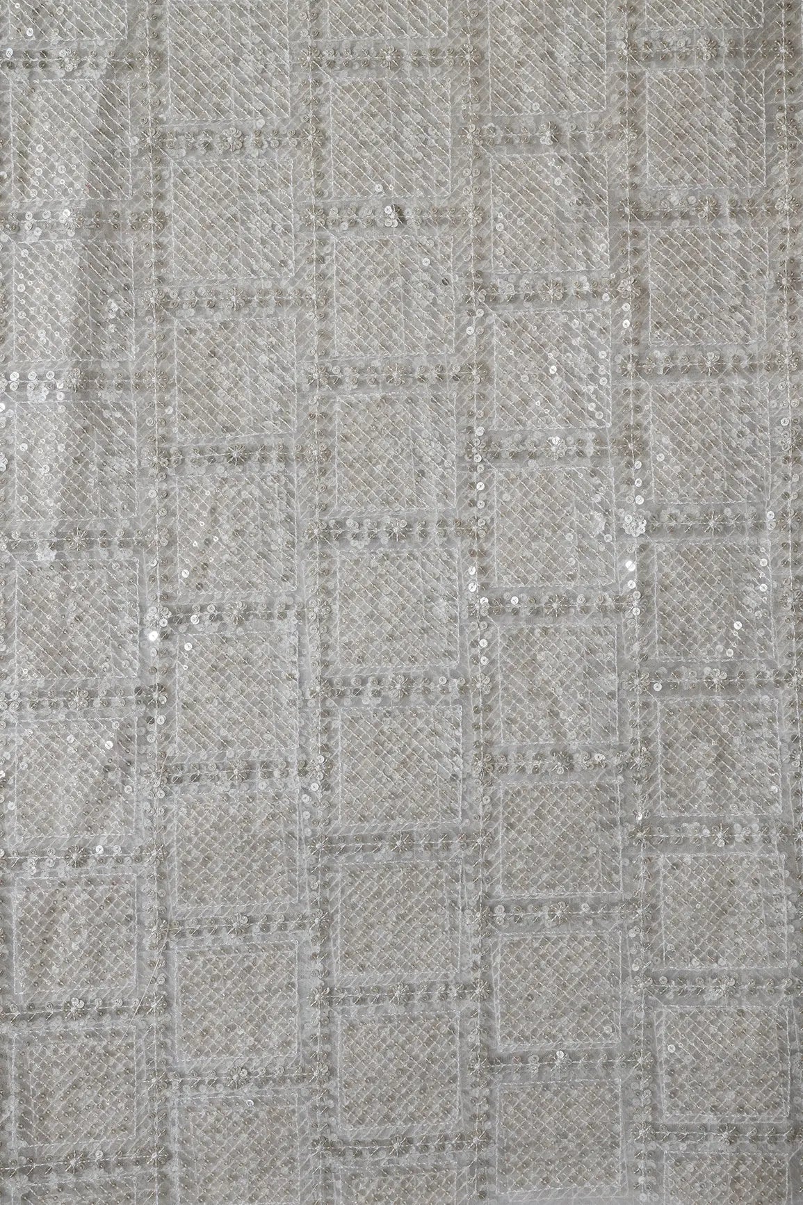 Gold And Silver Sequins Checks Embroidery On Dyeable White Soft Net Fabric - doeraa