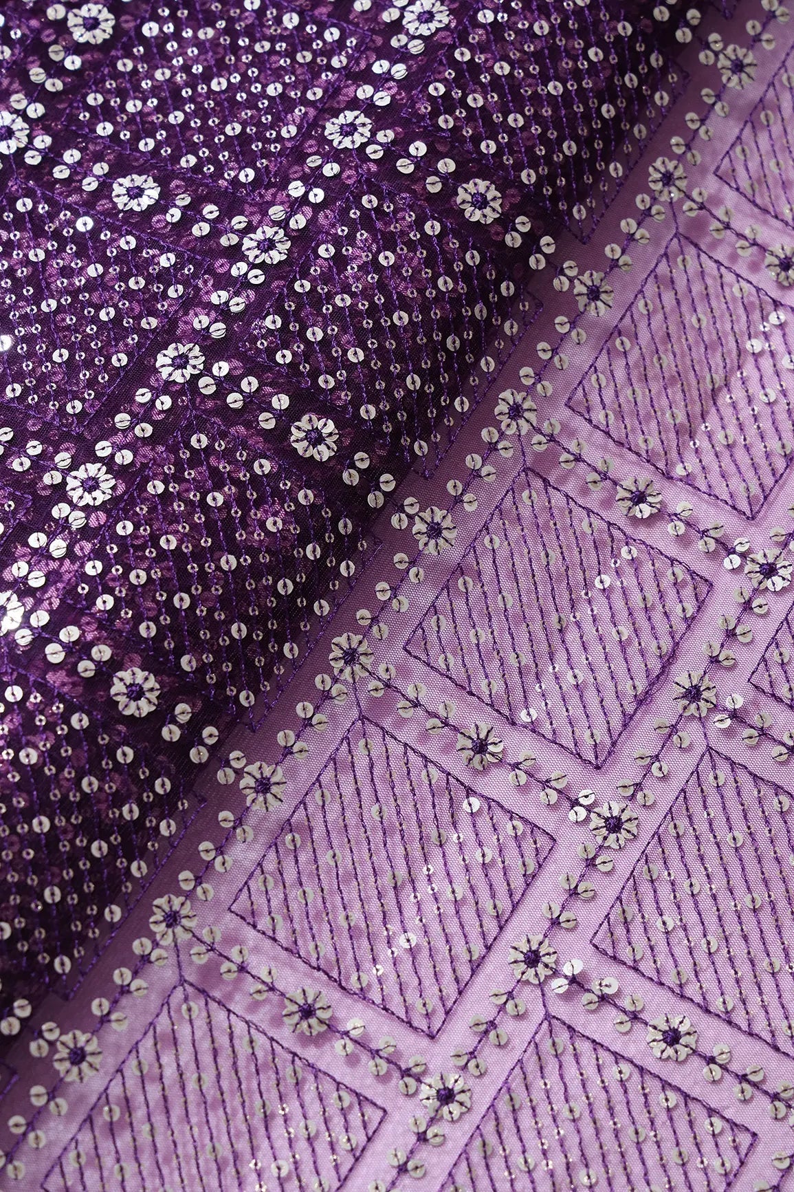 Gold And Silver Sequins Checks Embroidery On Wine Soft Net Fabric - doeraa