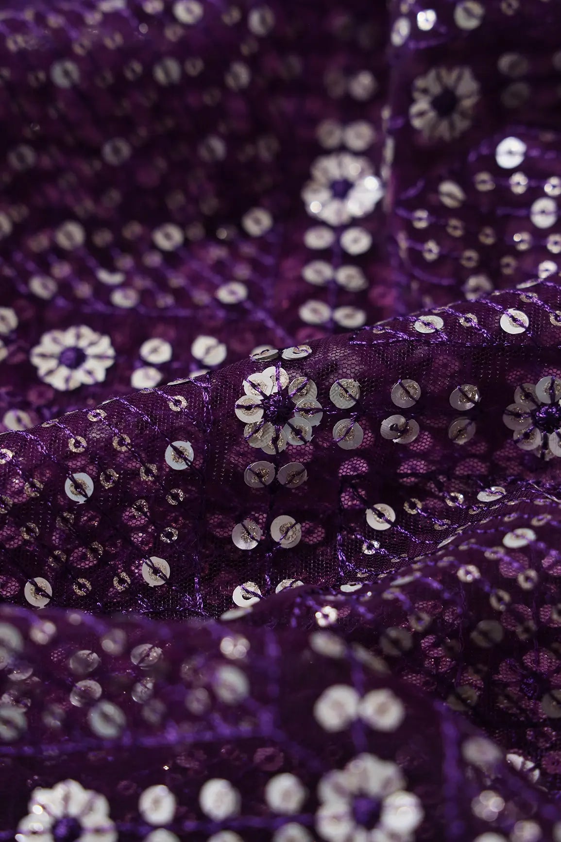 Gold And Silver Sequins Checks Embroidery On Wine Soft Net Fabric - doeraa