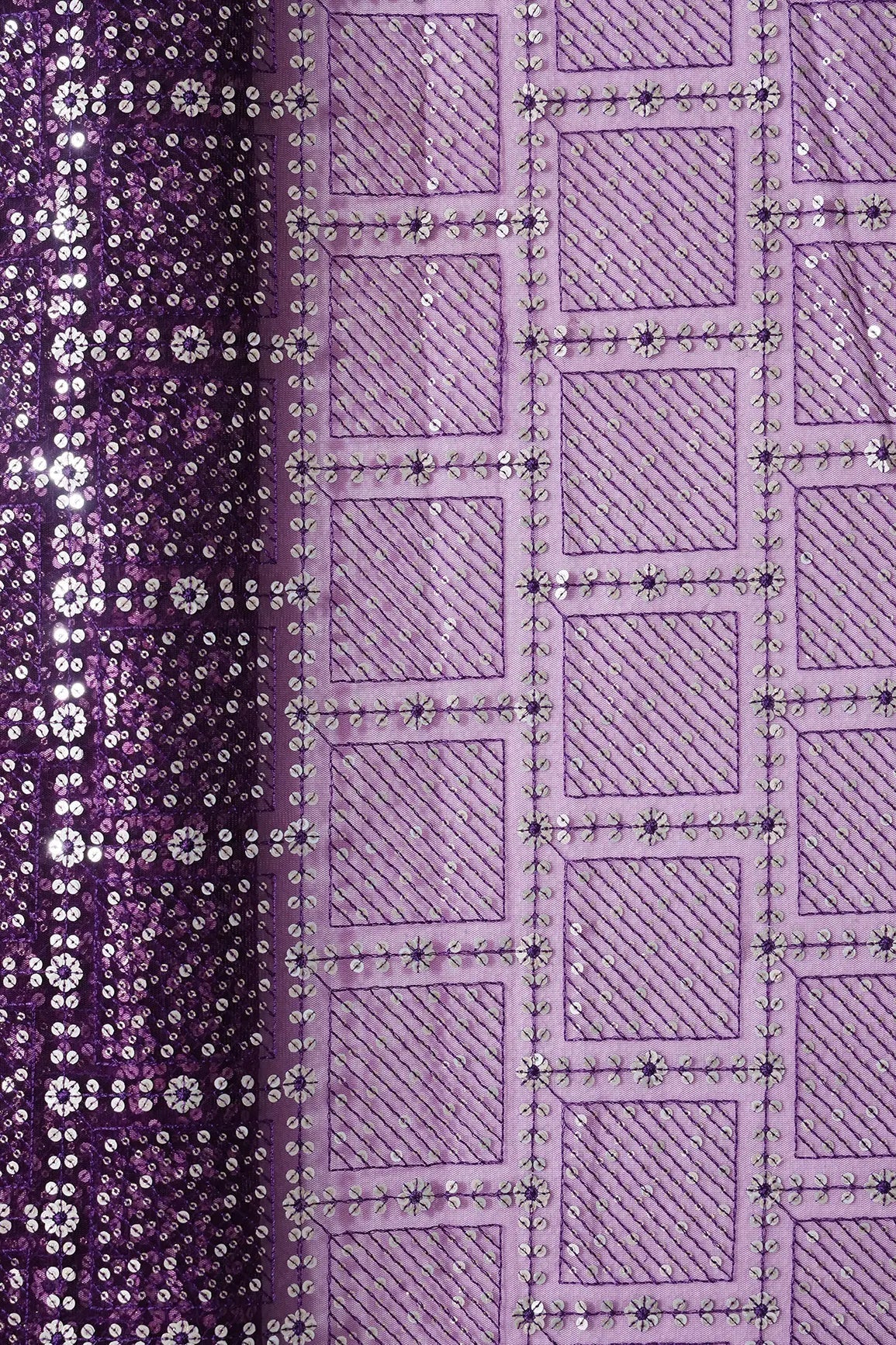 Gold And Silver Sequins Checks Embroidery On Wine Soft Net Fabric - doeraa