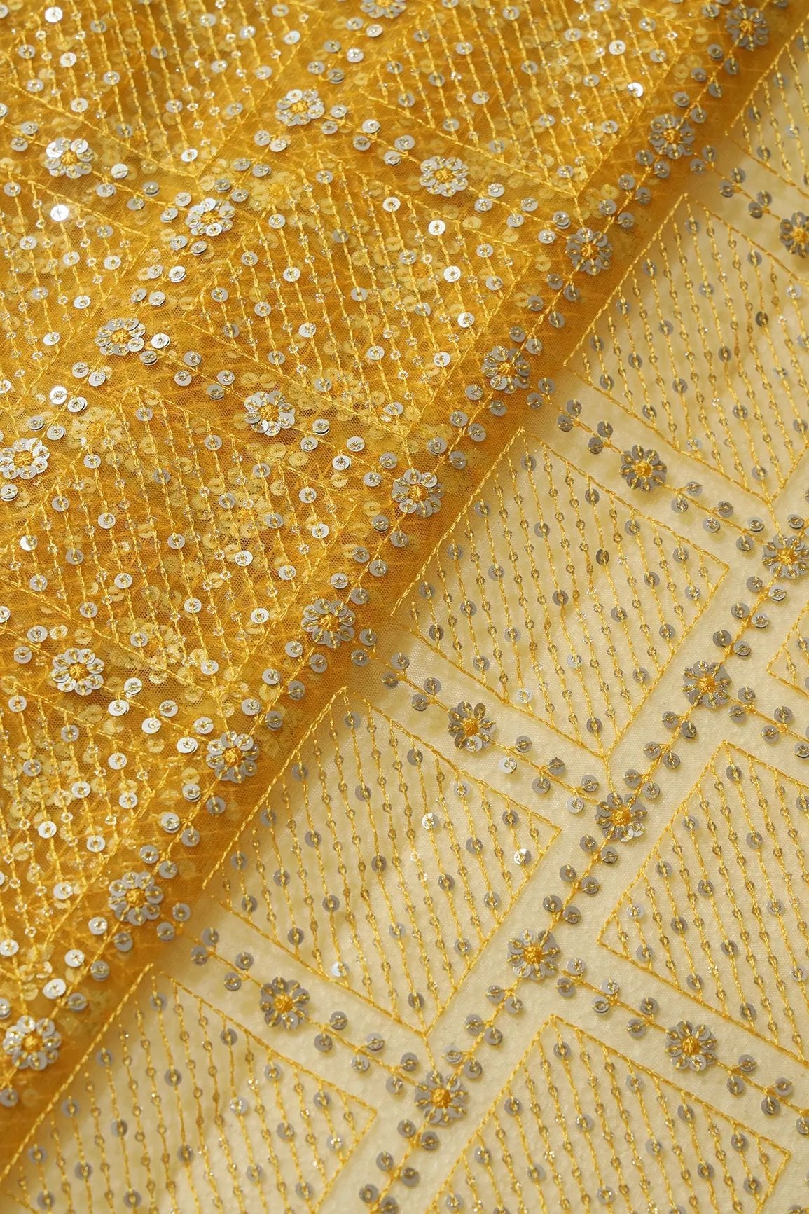 Gold And Silver Sequins Checks Embroidery On Yellow Soft Net Fabric - doeraa