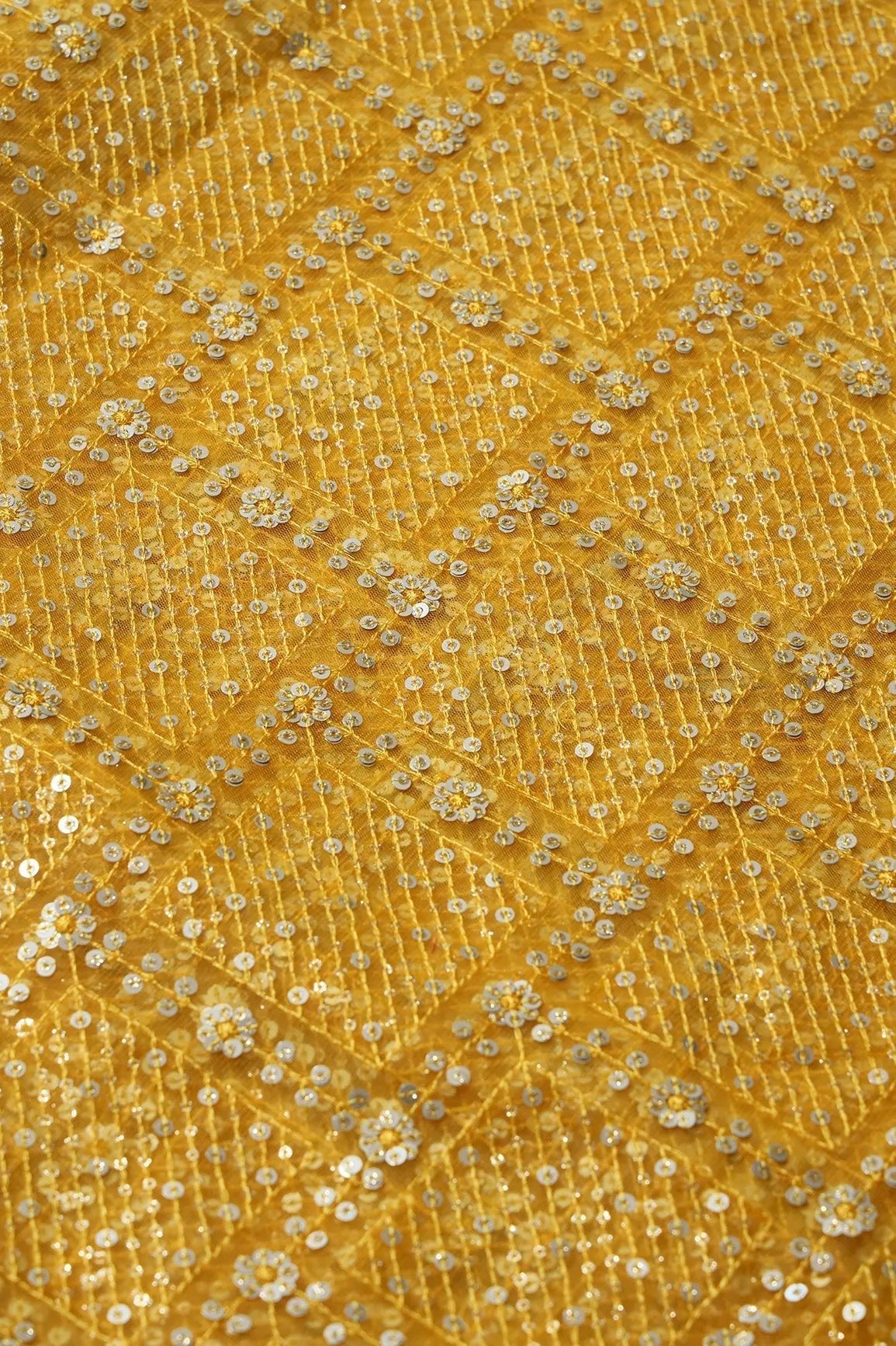 Gold And Silver Sequins Checks Embroidery On Yellow Soft Net Fabric - doeraa
