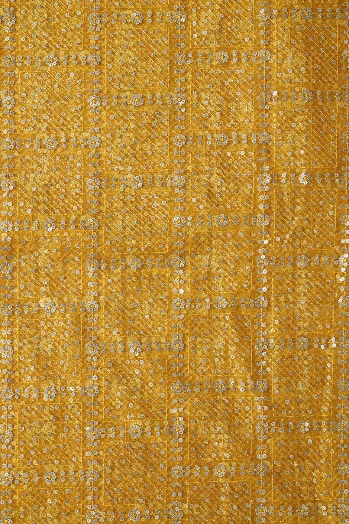 Gold And Silver Sequins Checks Embroidery On Yellow Soft Net Fabric - doeraa