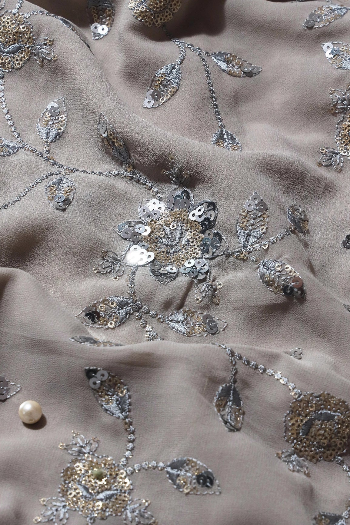 Gold And Silver Sequins Floral Embroidery Work On Grey Georgette Fabric - doeraa