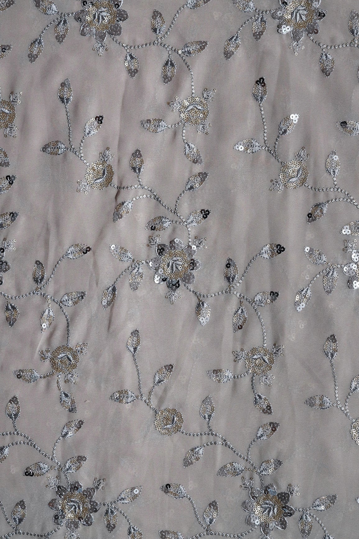 Gold And Silver Sequins Floral Embroidery Work On Grey Georgette Fabric - doeraa