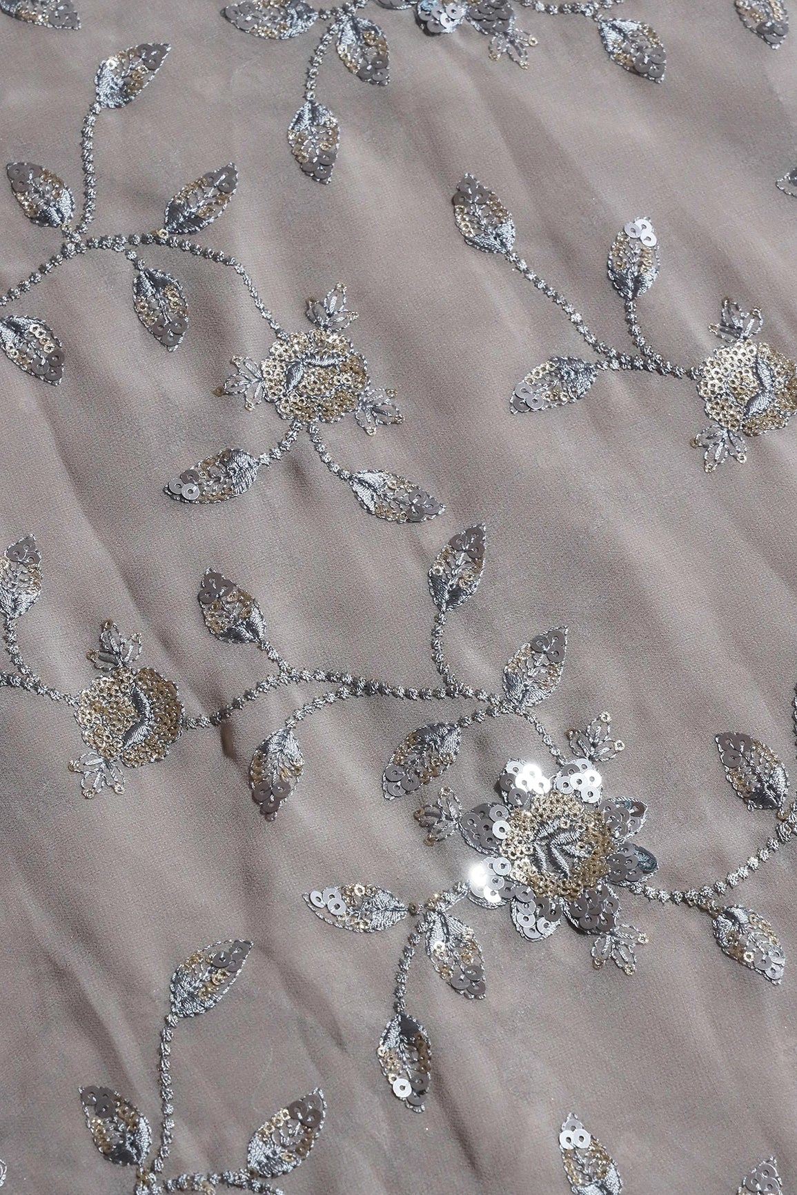 Gold And Silver Sequins Floral Embroidery Work On Grey Georgette Fabric - doeraa