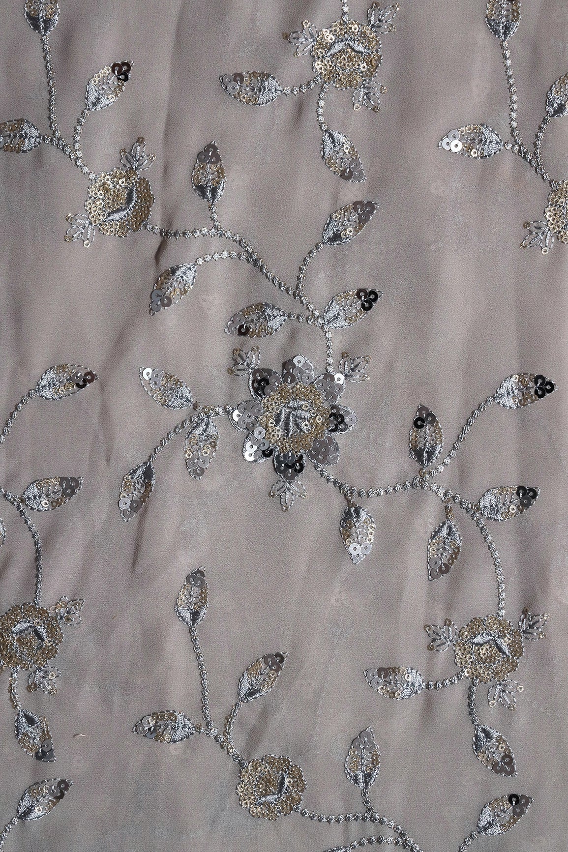 Gold And Silver Sequins Floral Embroidery Work On Grey Georgette Fabric - doeraa